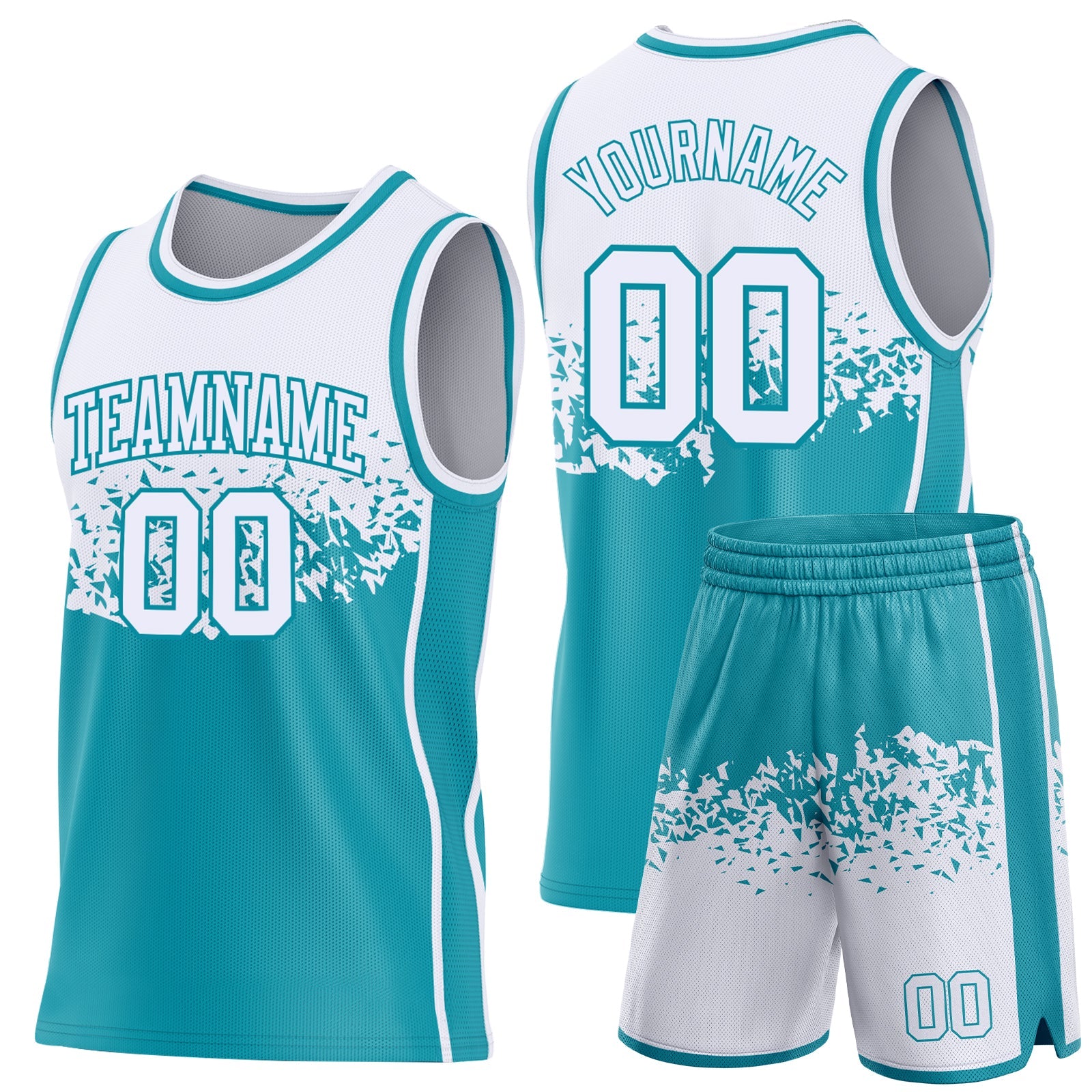 Custom White-Teal Shattered Geometric Side Panel Stripe Round Neck Sublimation Basketball Set Jersey view 2