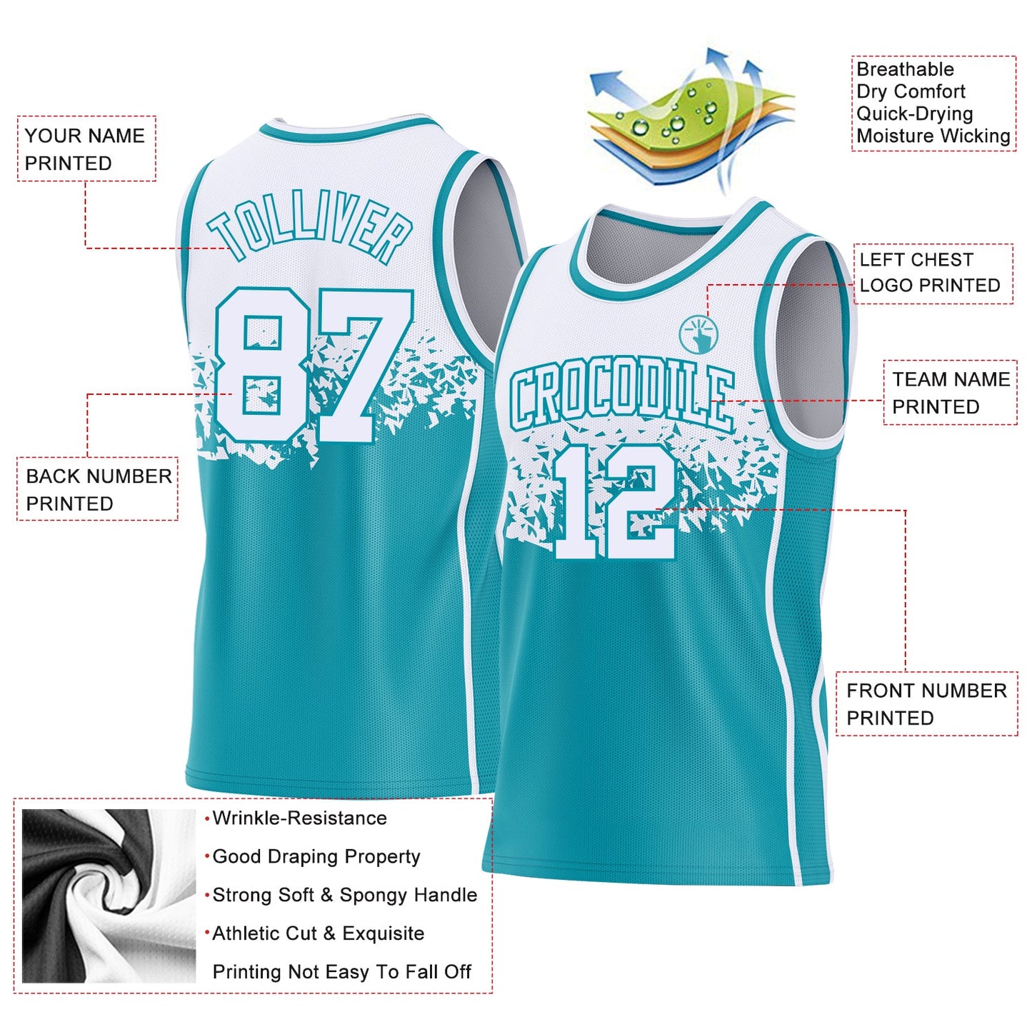 Custom White-Teal Shattered Geometric Side Panel Stripe Round Neck Sublimation Basketball Set Jersey view 3