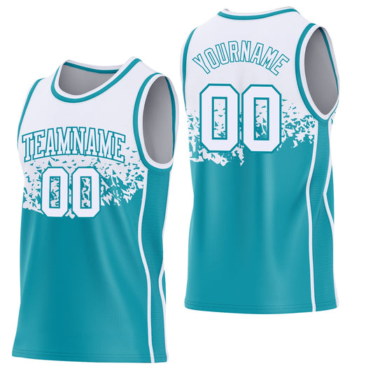 Custom White-Teal Shattered Geometric Side Panel Stripe Round Neck Sublimation Basketball Set Jersey - Main View