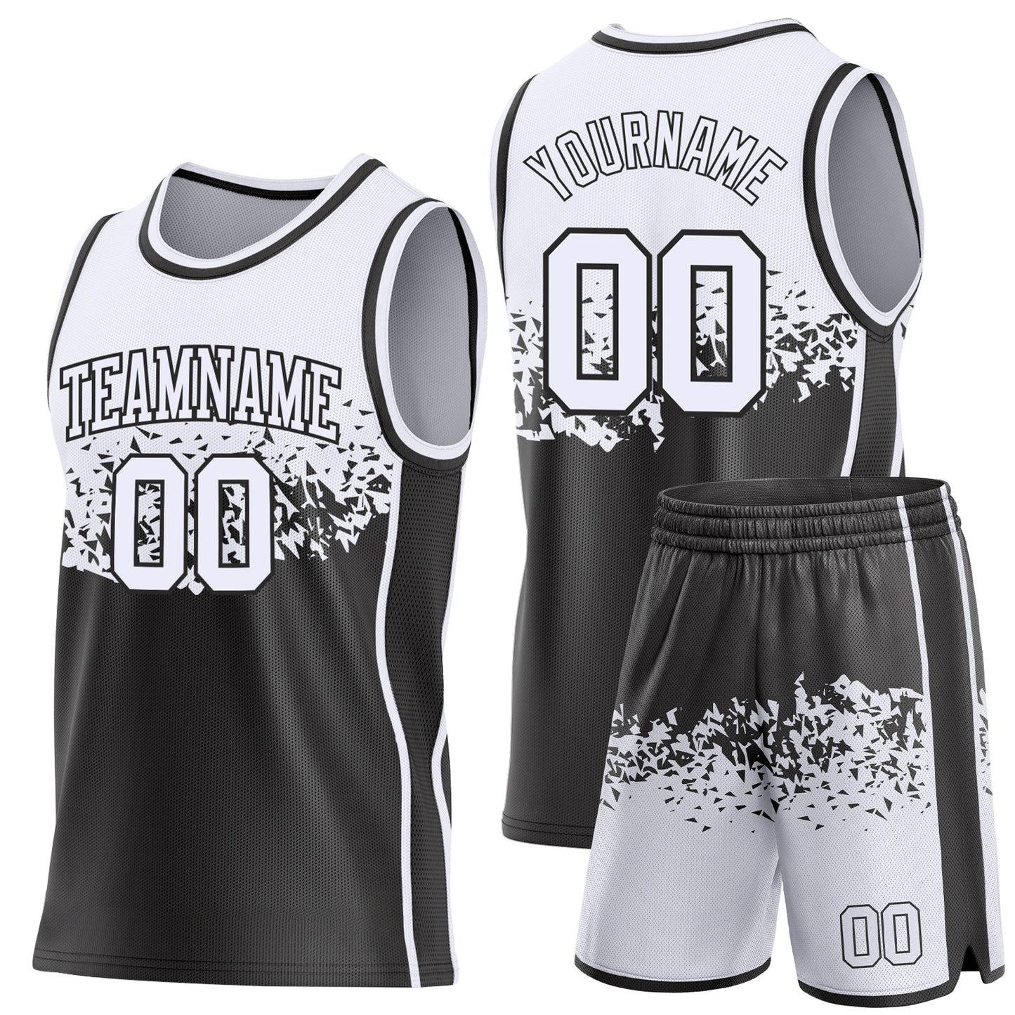 Custom White-Black Shattered Geometric Side Panel Stripe Round Neck Sublimation Basketball Set Jersey view 2