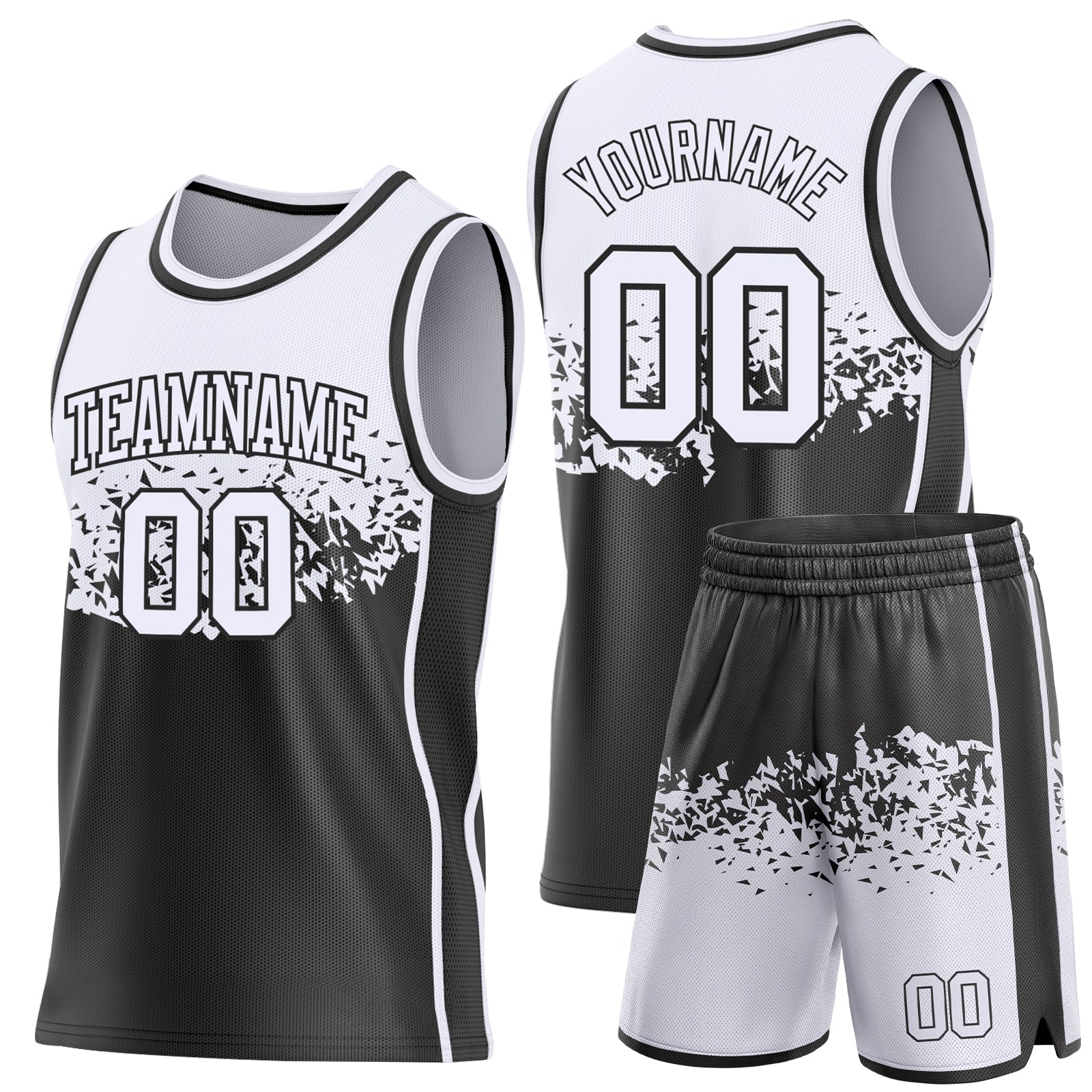 Custom White-Black Shattered Geometric Side Panel Stripe Round Neck Sublimation Basketball Set Jersey view 2