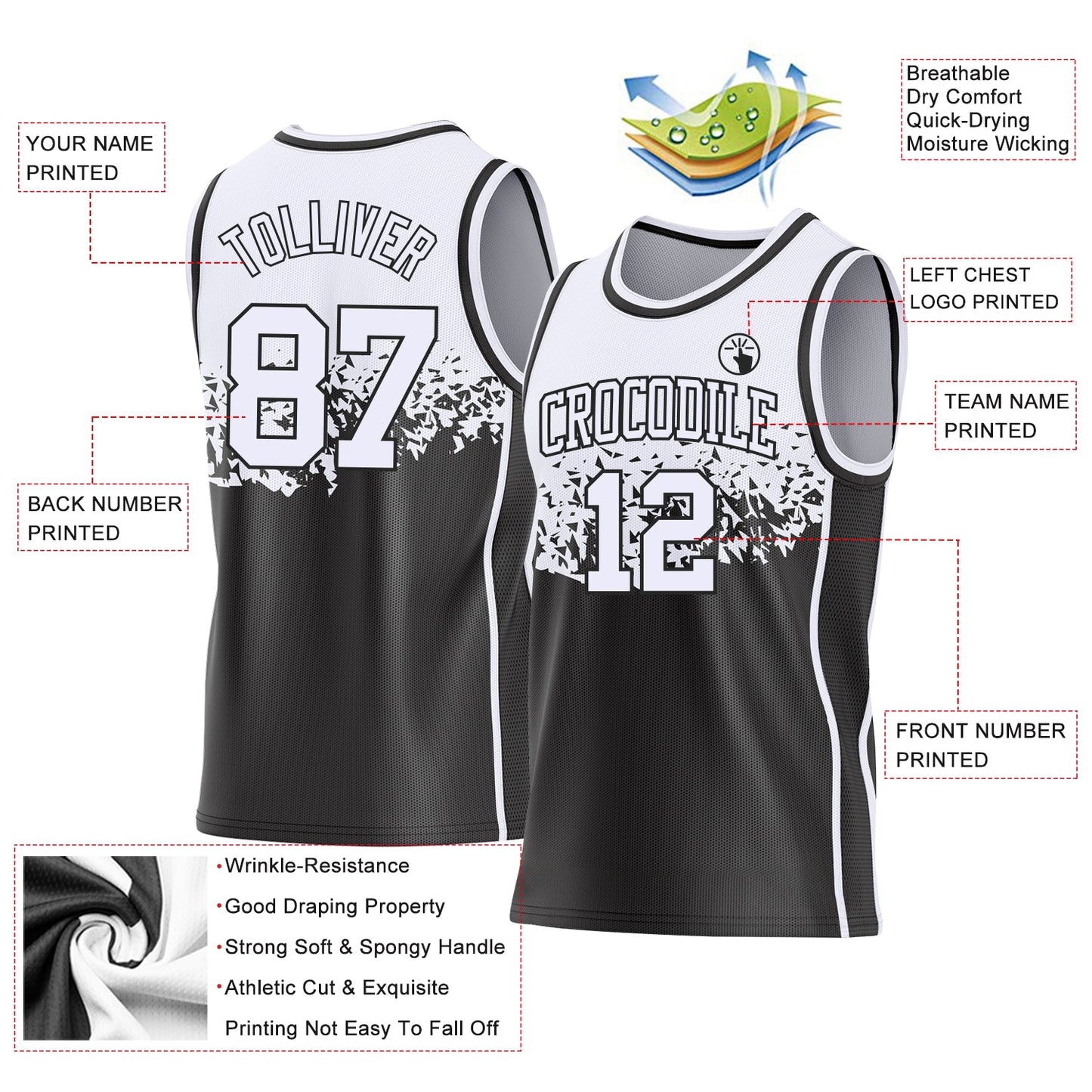 Custom White-Black Shattered Geometric Side Panel Stripe Round Neck Sublimation Basketball Set Jersey view 3
