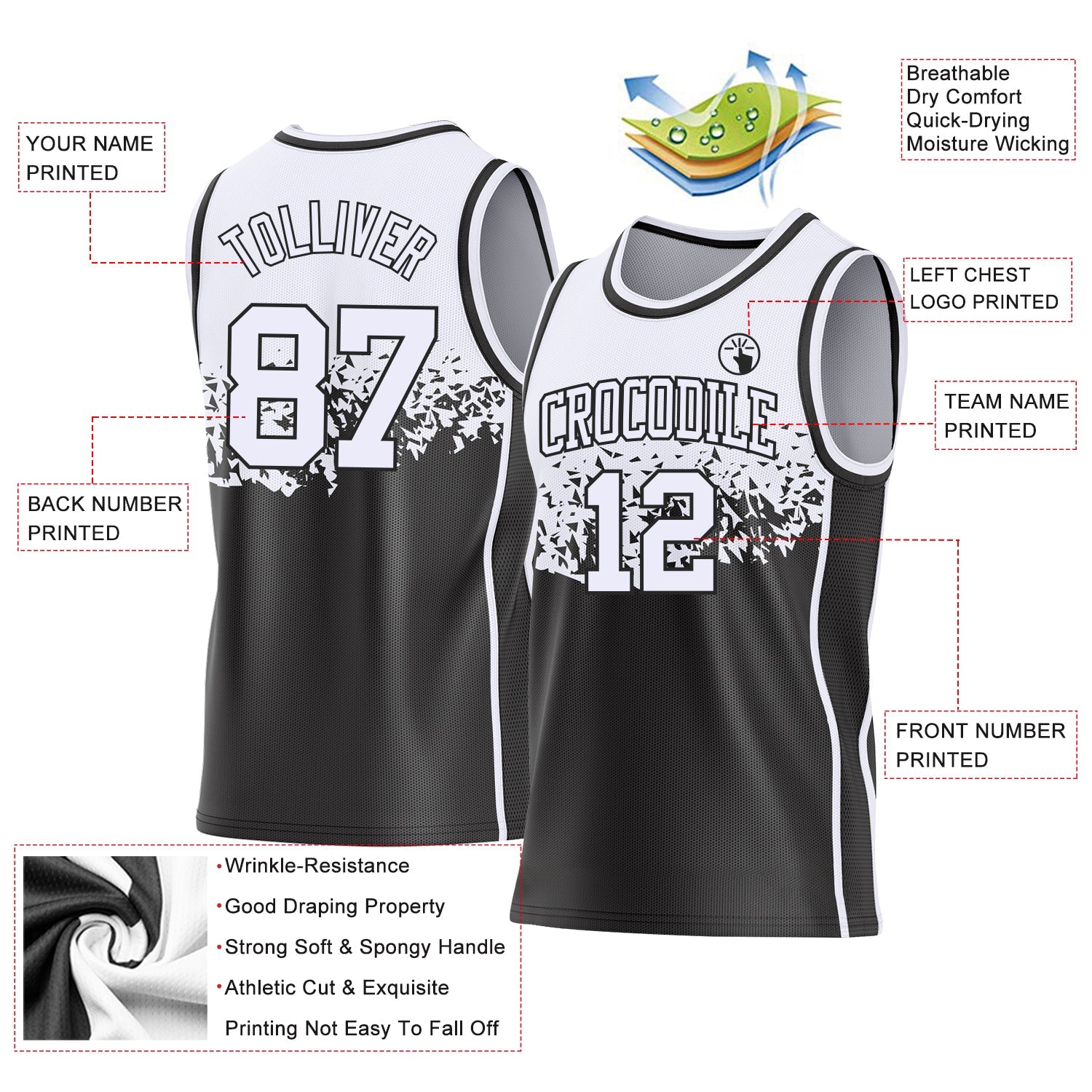 Custom White-Black Shattered Geometric Side Panel Stripe Round Neck Sublimation Basketball Set Jersey view 3