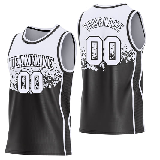 Custom White-Black Shattered Geometric Side Panel Stripe Round Neck Sublimation Basketball Set Jersey - Main View