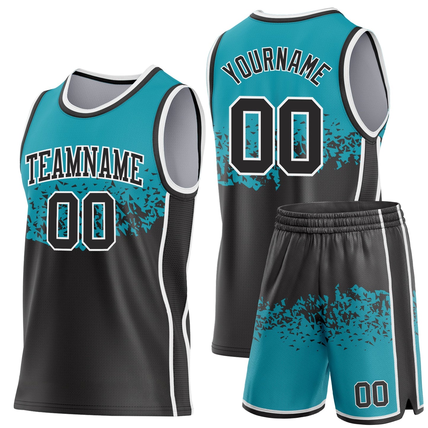 Custom Teal Black-White Shattered Geometric Side Panel Stripe Round Neck Sublimation Basketball Set Jersey view 2