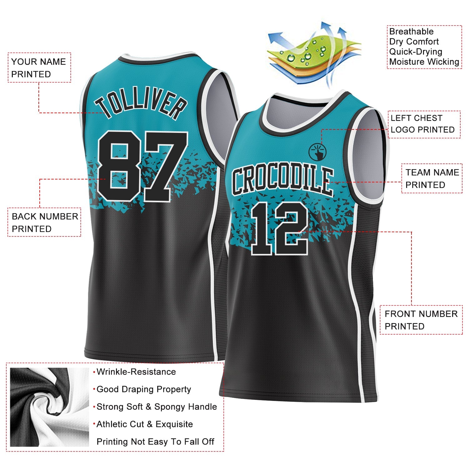 Custom Teal Black-White Shattered Geometric Side Panel Stripe Round Neck Sublimation Basketball Set Jersey view 3