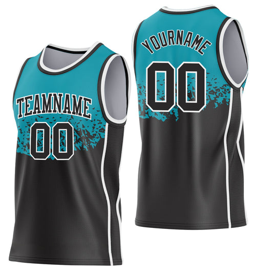 Custom Teal Black-White Shattered Geometric Side Panel Stripe Round Neck Sublimation Basketball Set Jersey - Main View