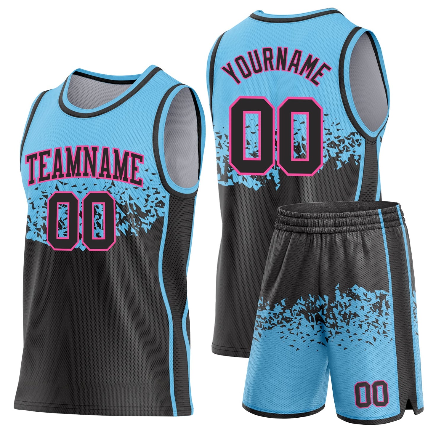 Custom Sky Blue Black-Pink Shattered Geometric Side Panel Stripe Round Neck Sublimation Basketball Set Jersey view 2