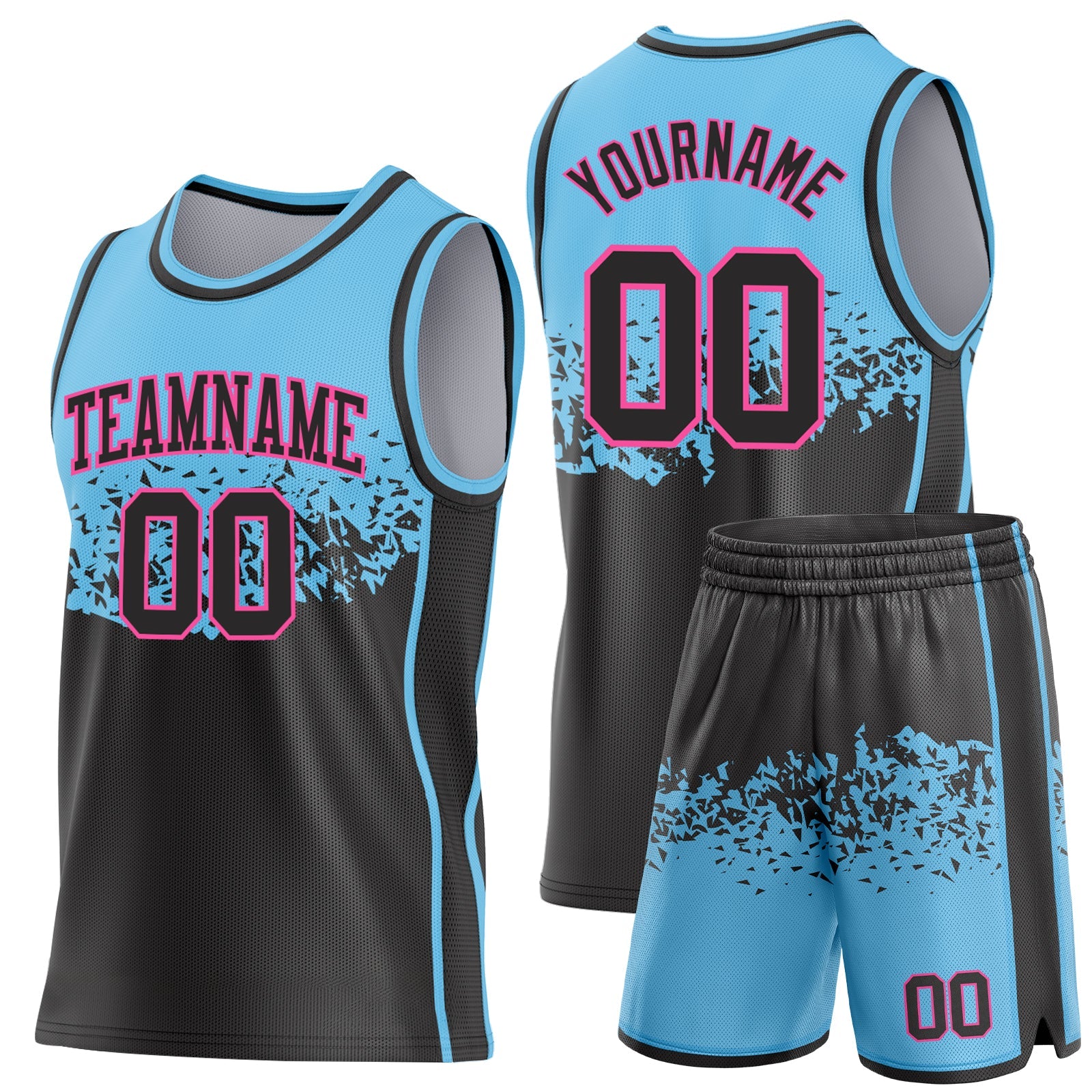 Custom Sky Blue Black-Pink Shattered Geometric Side Panel Stripe Round Neck Sublimation Basketball Set Jersey view 2