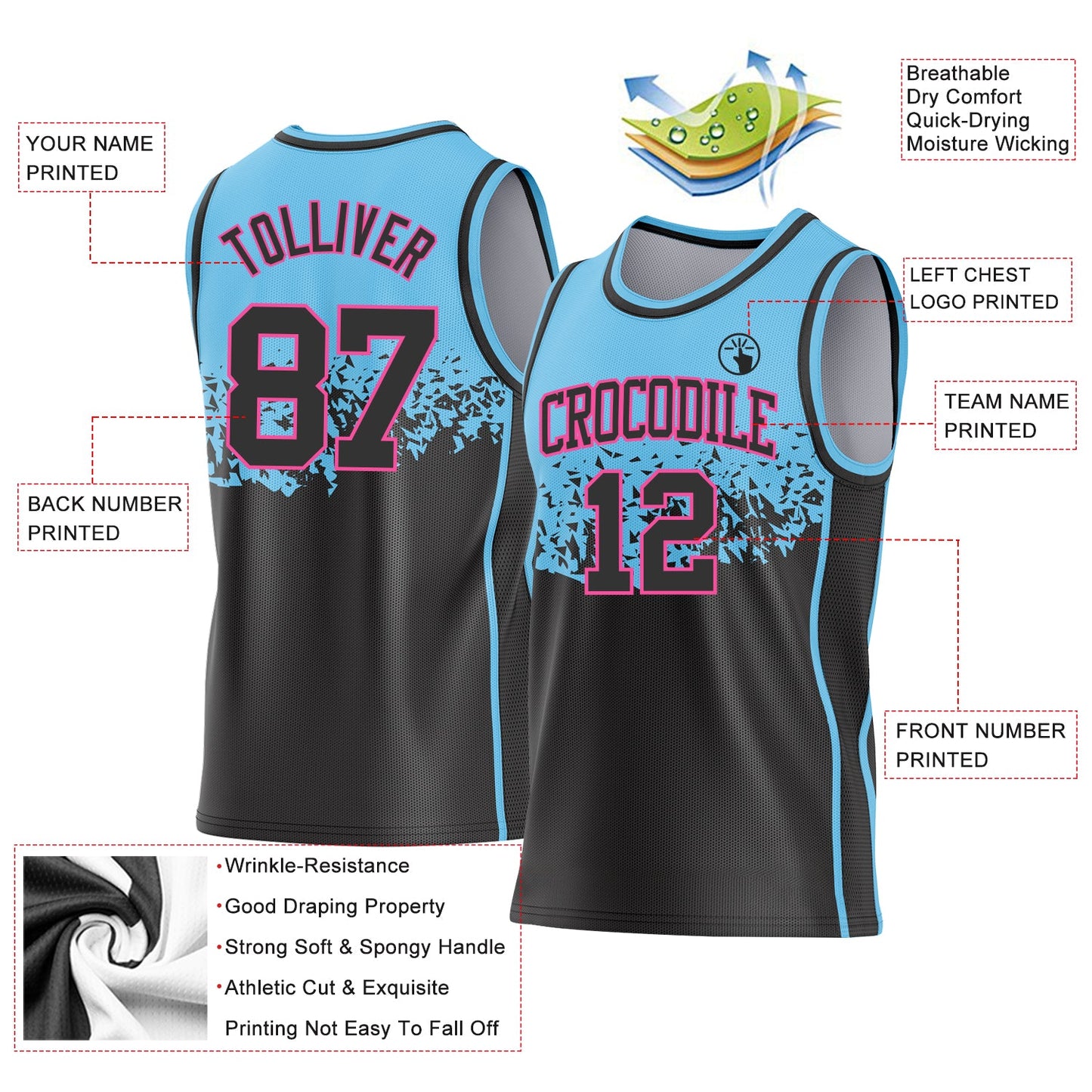 Custom Sky Blue Black-Pink Shattered Geometric Side Panel Stripe Round Neck Sublimation Basketball Set Jersey view 3