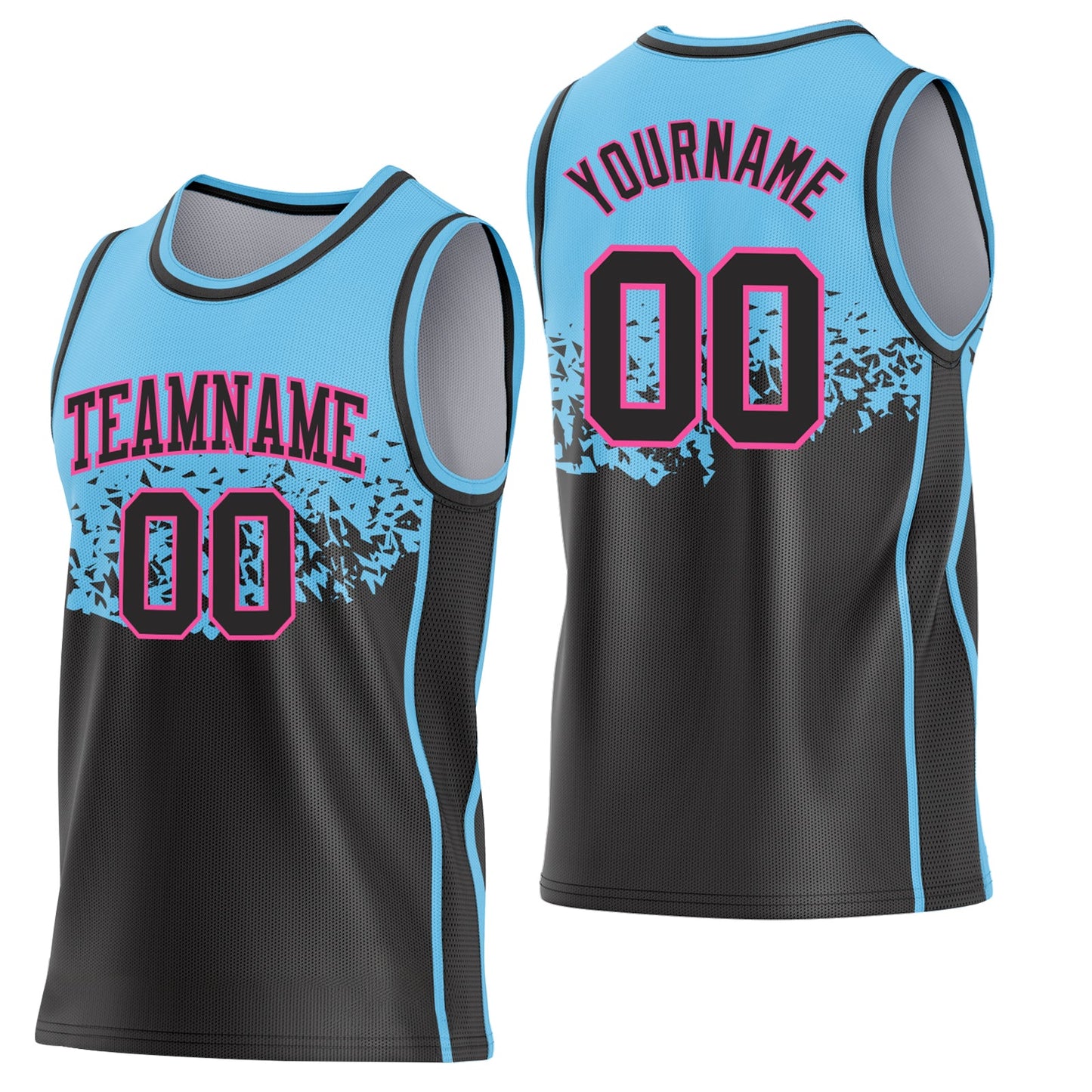 Custom Sky Blue Black-Pink Shattered Geometric Side Panel Stripe Round Neck Sublimation Basketball Set Jersey - Main View