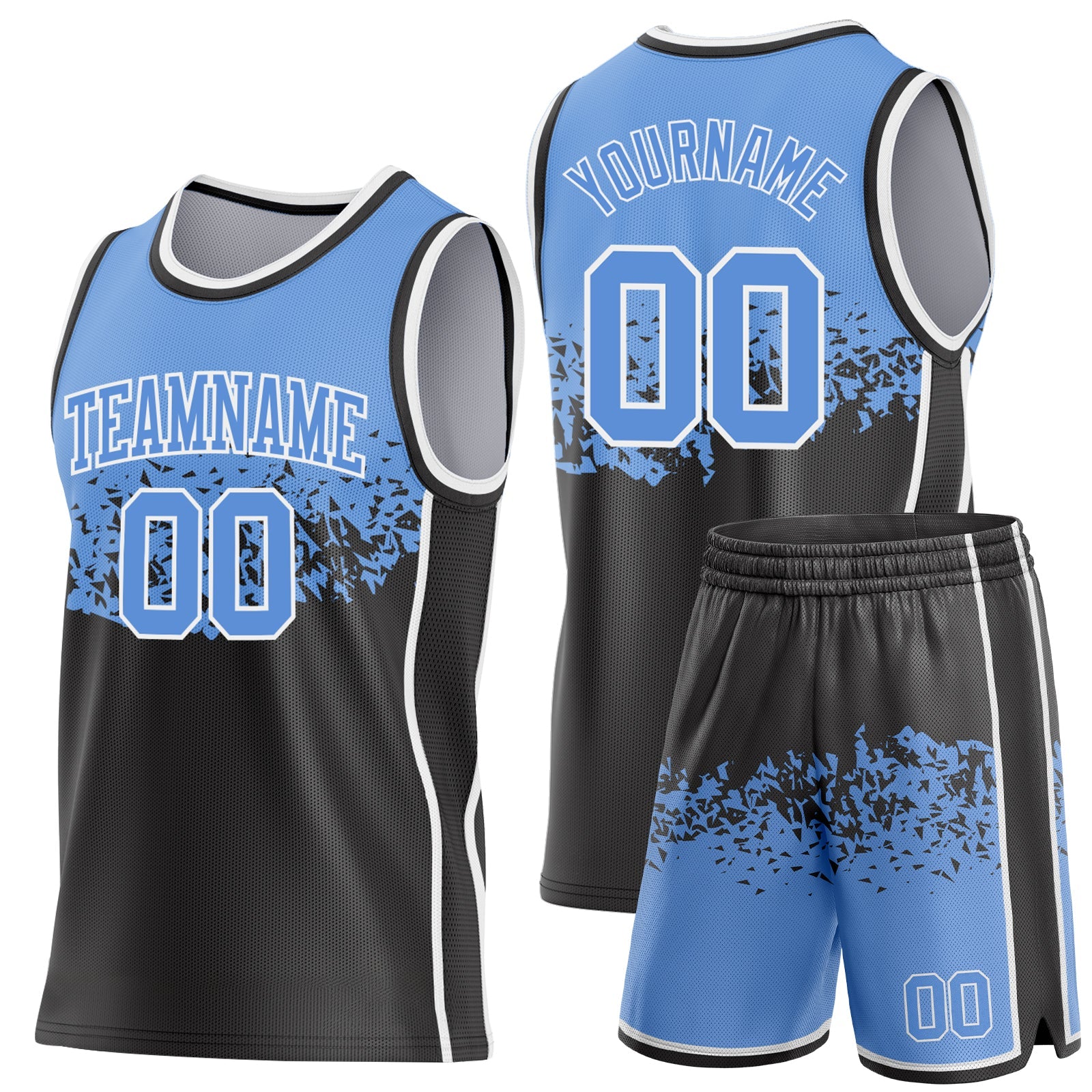 Custom Light Blue Black-White Shattered Geometric Side Panel Stripe Round Neck Sublimation Basketball Set Jersey view 2