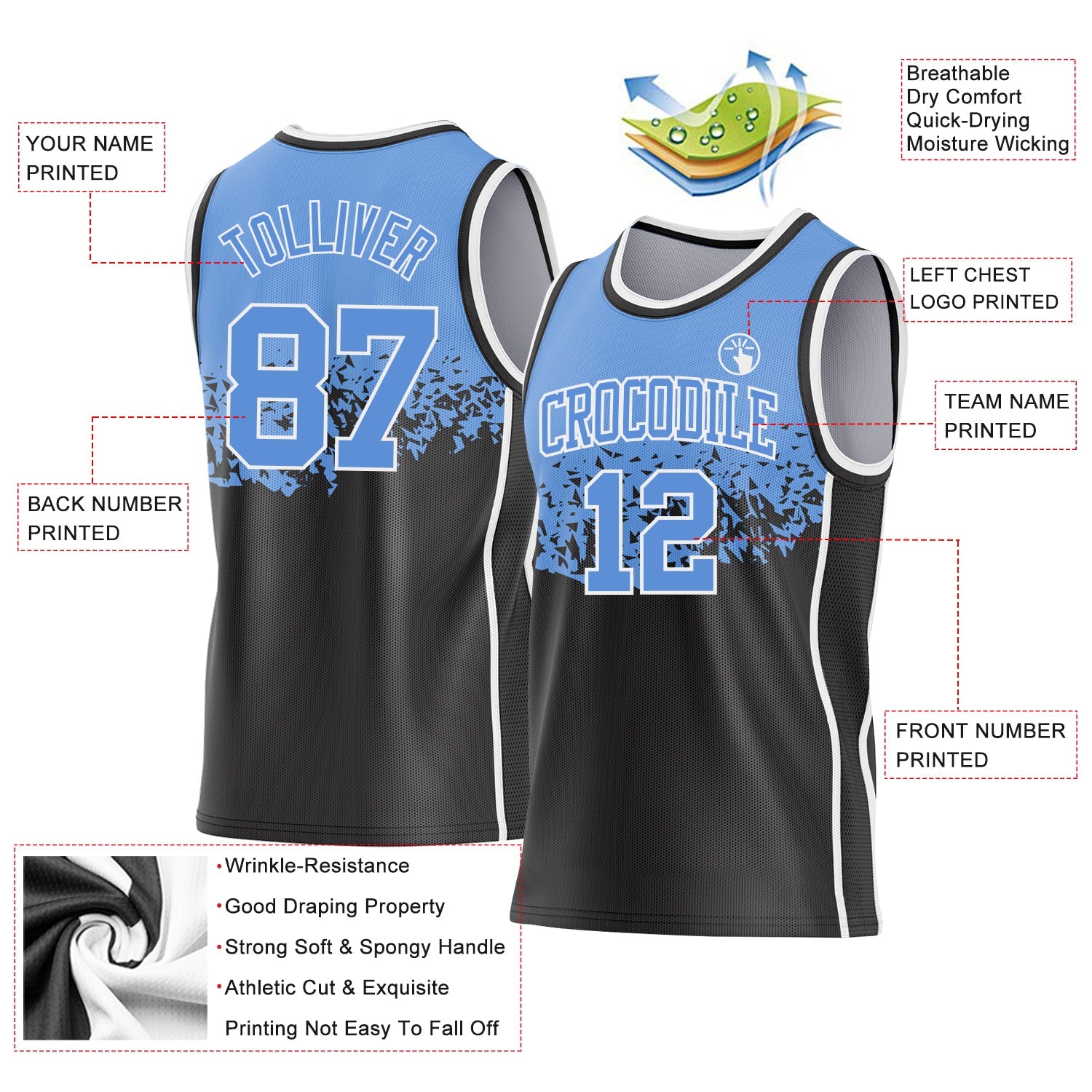 Custom Light Blue Black-White Shattered Geometric Side Panel Stripe Round Neck Sublimation Basketball Set Jersey view 3