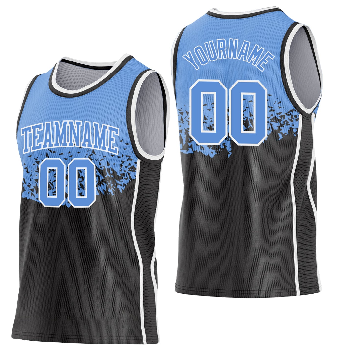 Custom Light Blue Black-White Shattered Geometric Side Panel Stripe Round Neck Sublimation Basketball Set Jersey - Main View