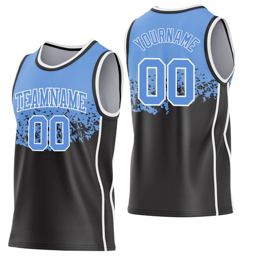 Custom Light Blue Black-White Shattered Geometric Side Panel Stripe Round Neck Sublimation Basketball Set Jersey - Main View