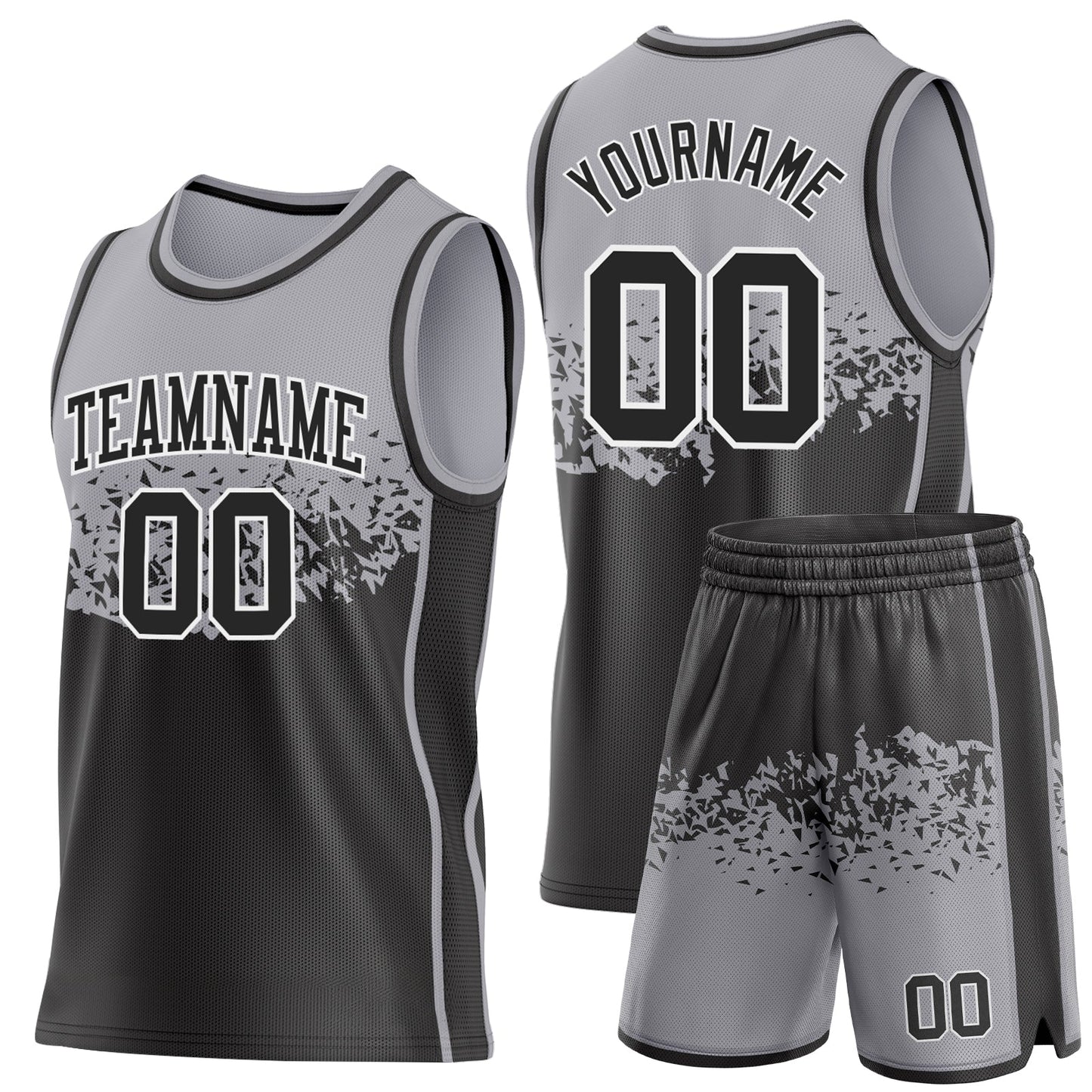 Custom Gray Black-White Shattered Geometric Side Panel Stripe Round Neck Sublimation Basketball Set Jersey view 2