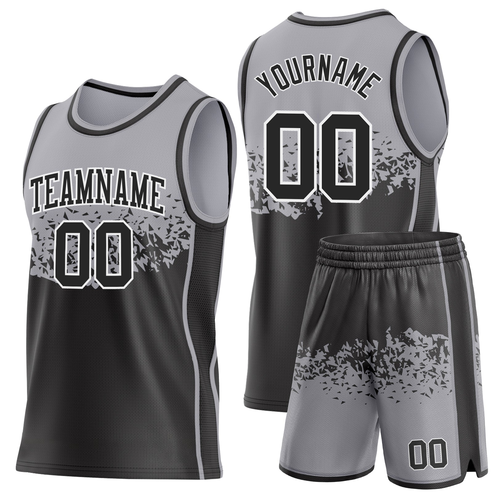 Custom Gray Black-White Shattered Geometric Side Panel Stripe Round Neck Sublimation Basketball Set Jersey view 2
