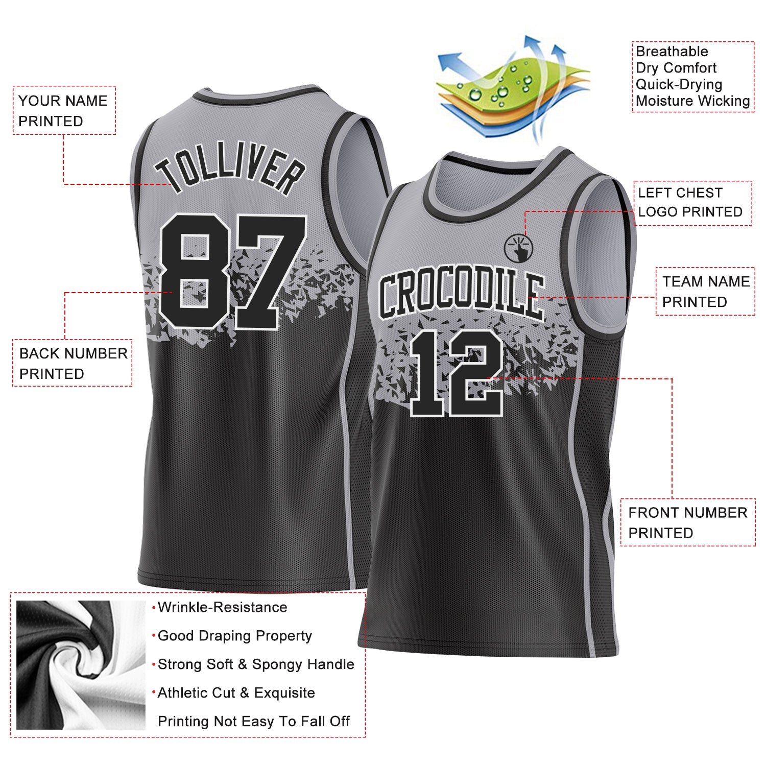 Custom Gray Black-White Shattered Geometric Side Panel Stripe Round Neck Sublimation Basketball Set Jersey view 3