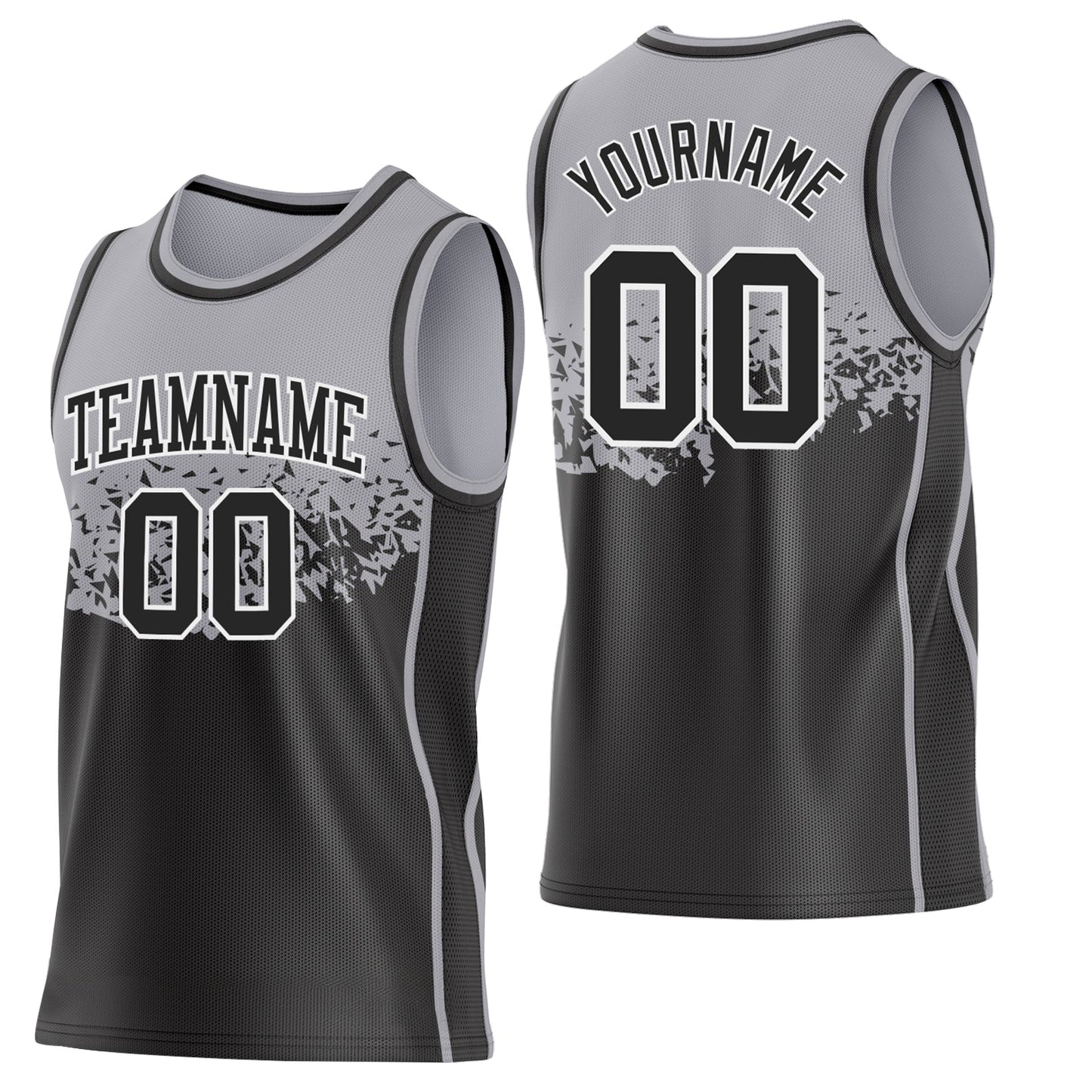 Custom Gray Black-White Shattered Geometric Side Panel Stripe Round Neck Sublimation Basketball Set Jersey - Main View