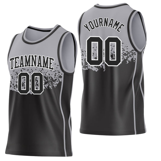 Custom Gray Black-White Shattered Geometric Side Panel Stripe Round Neck Sublimation Basketball Set Jersey - Main View
