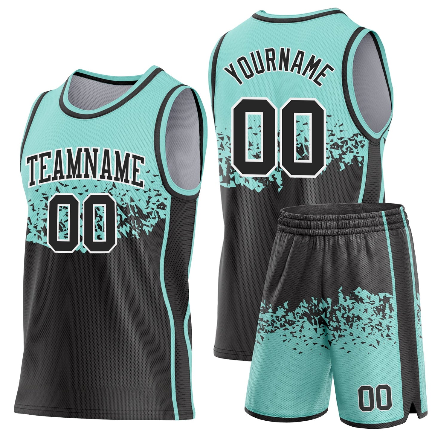 Custom Ice Blue Black-White Shattered Geometric Side Panel Stripe Round Neck Sublimation Basketball Set Jersey view 2