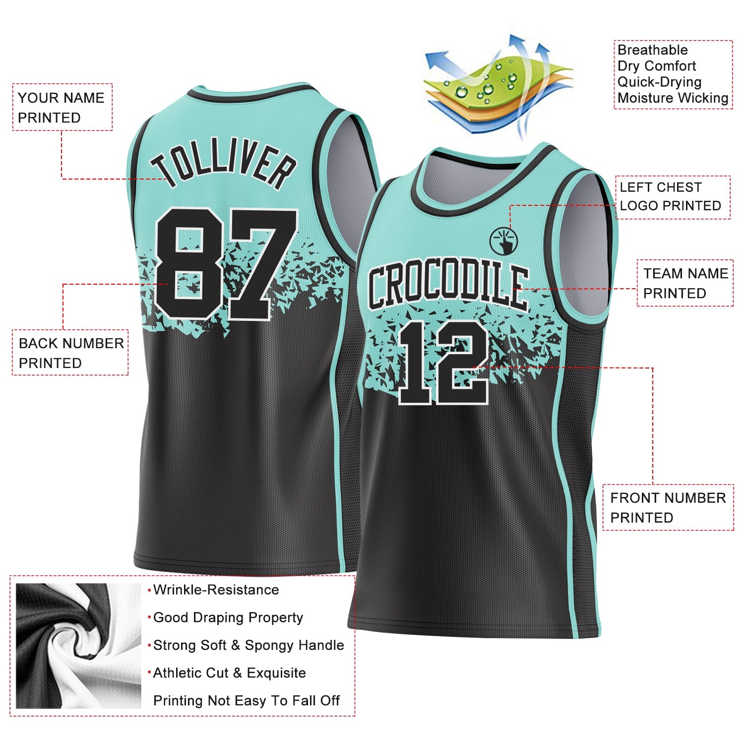 Custom Ice Blue Black-White Shattered Geometric Side Panel Stripe Round Neck Sublimation Basketball Set Jersey view 3