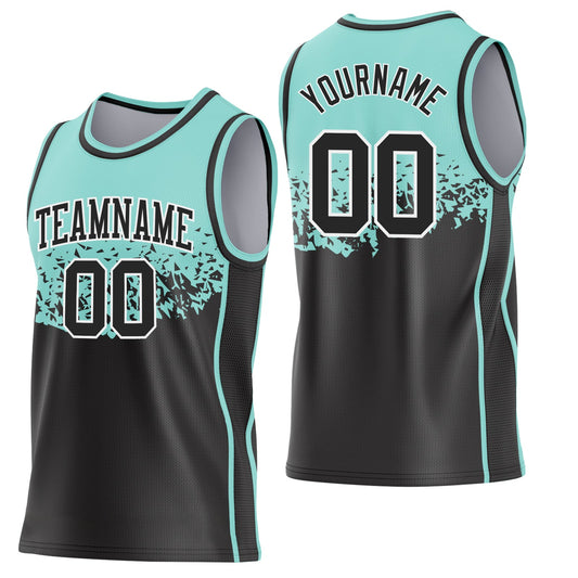 Custom Ice Blue Black-White Shattered Geometric Side Panel Stripe Round Neck Sublimation Basketball Set Jersey - Main View