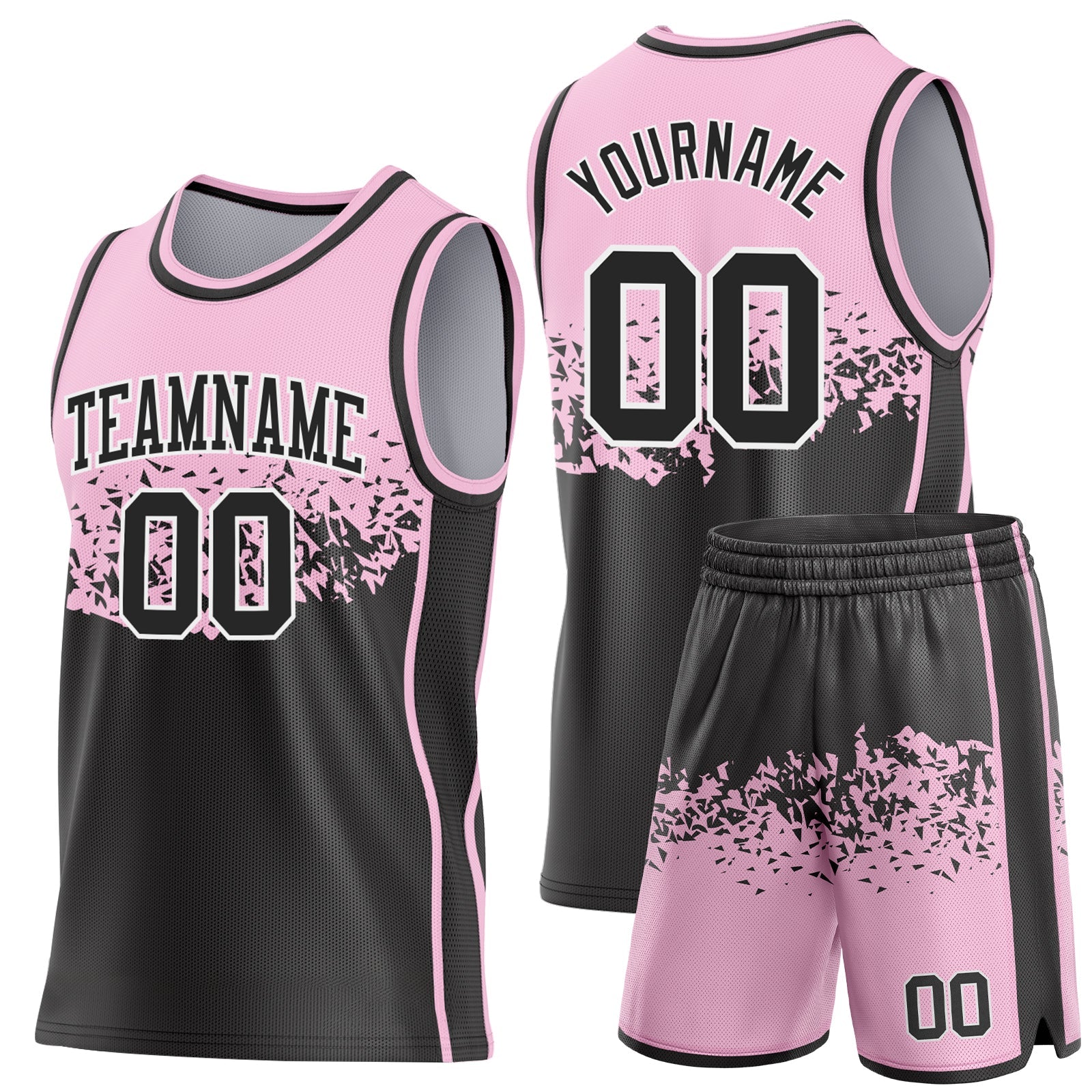 Custom Light Pink Black-White Shattered Geometric Side Panel Stripe Round Neck Sublimation Basketball Set Jersey view 2