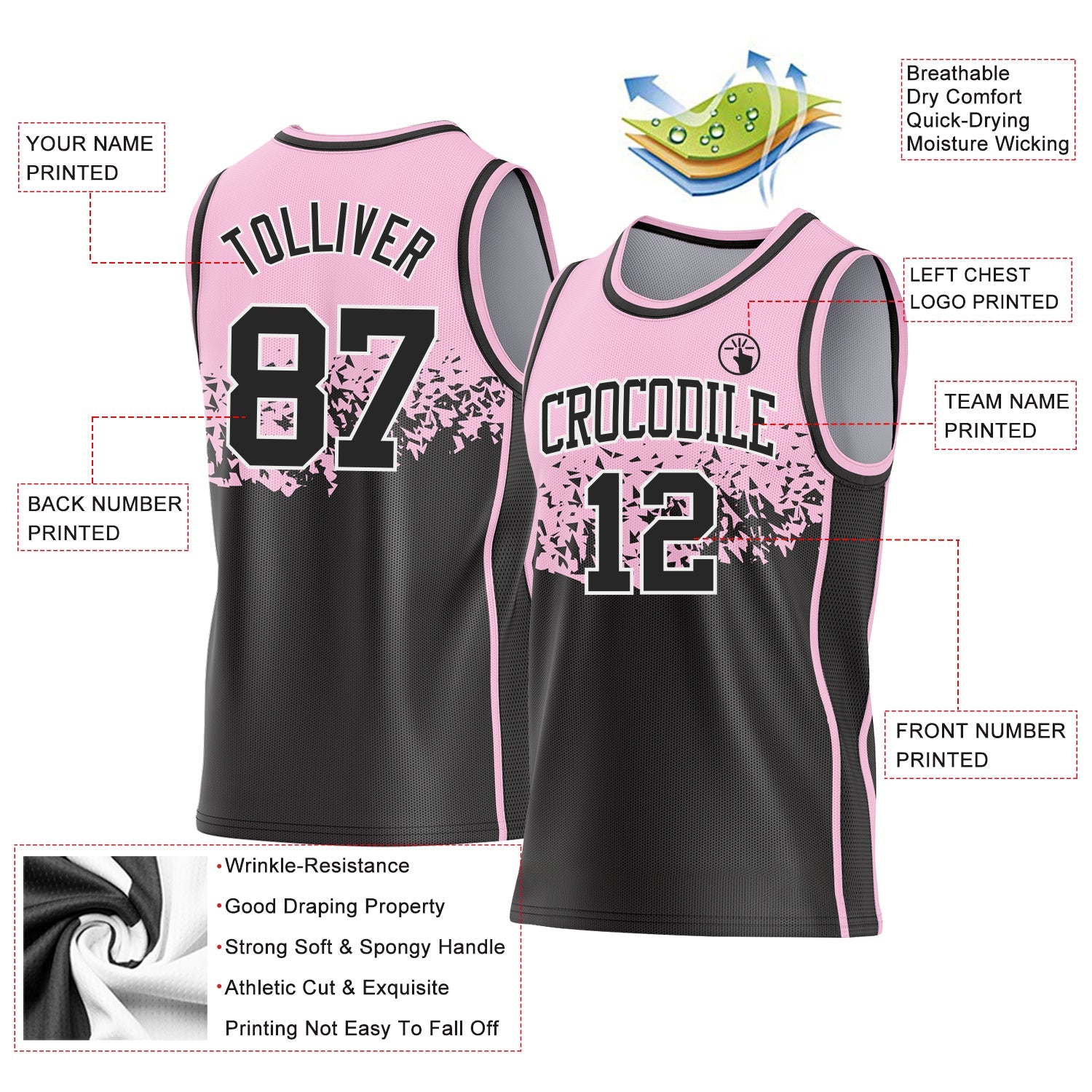 Custom Light Pink Black-White Shattered Geometric Side Panel Stripe Round Neck Sublimation Basketball Set Jersey view 3