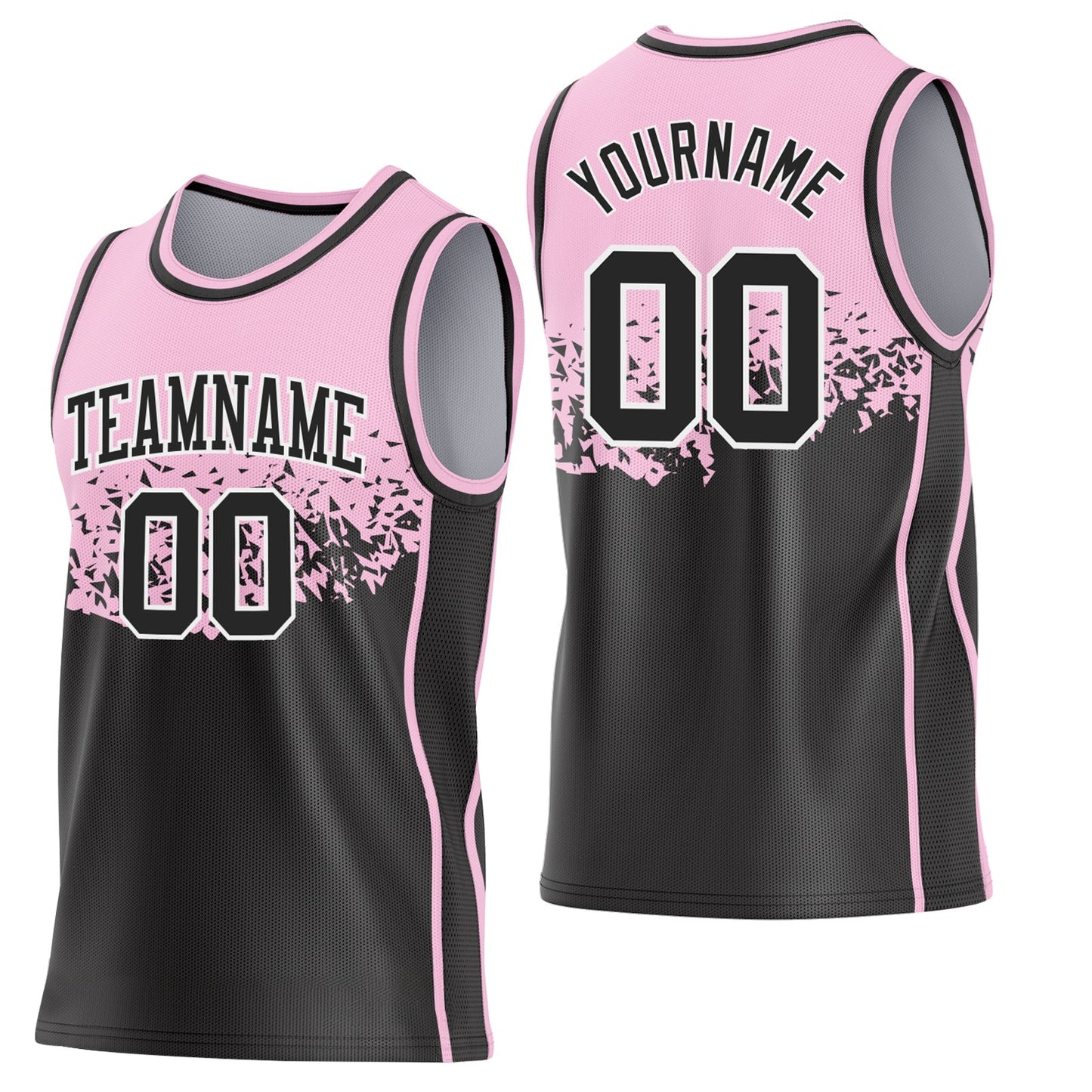 Custom Light Pink Black-White Shattered Geometric Side Panel Stripe Round Neck Sublimation Basketball Set Jersey - Main View
