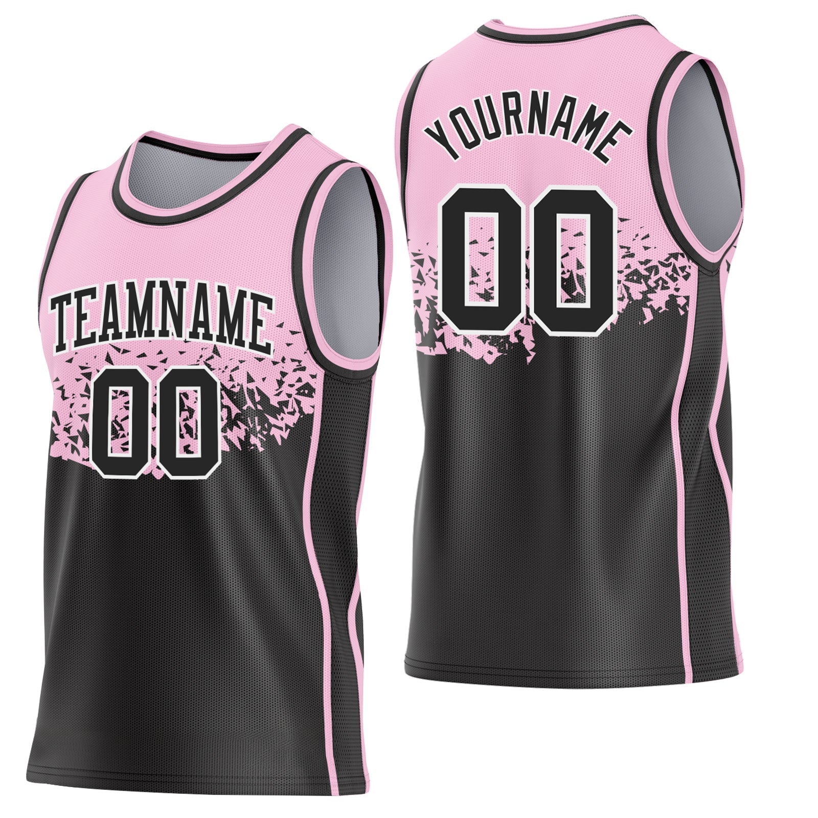 Custom Light Pink Black-White Shattered Geometric Side Panel Stripe Round Neck Sublimation Basketball Set Jersey - Main View