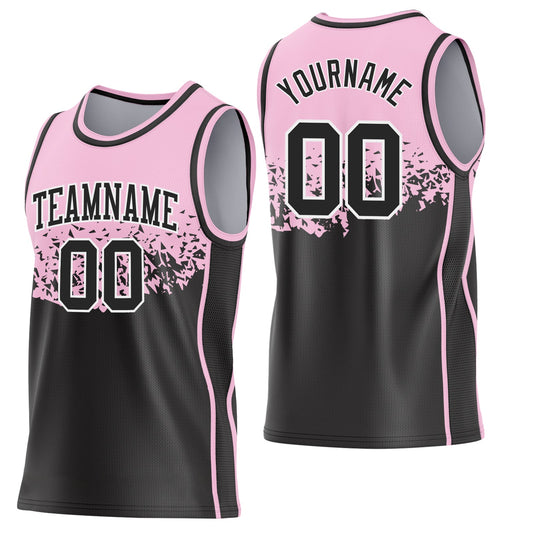 Custom Light Pink Black-White Shattered Geometric Side Panel Stripe Round Neck Sublimation Basketball Set Jersey - Main View