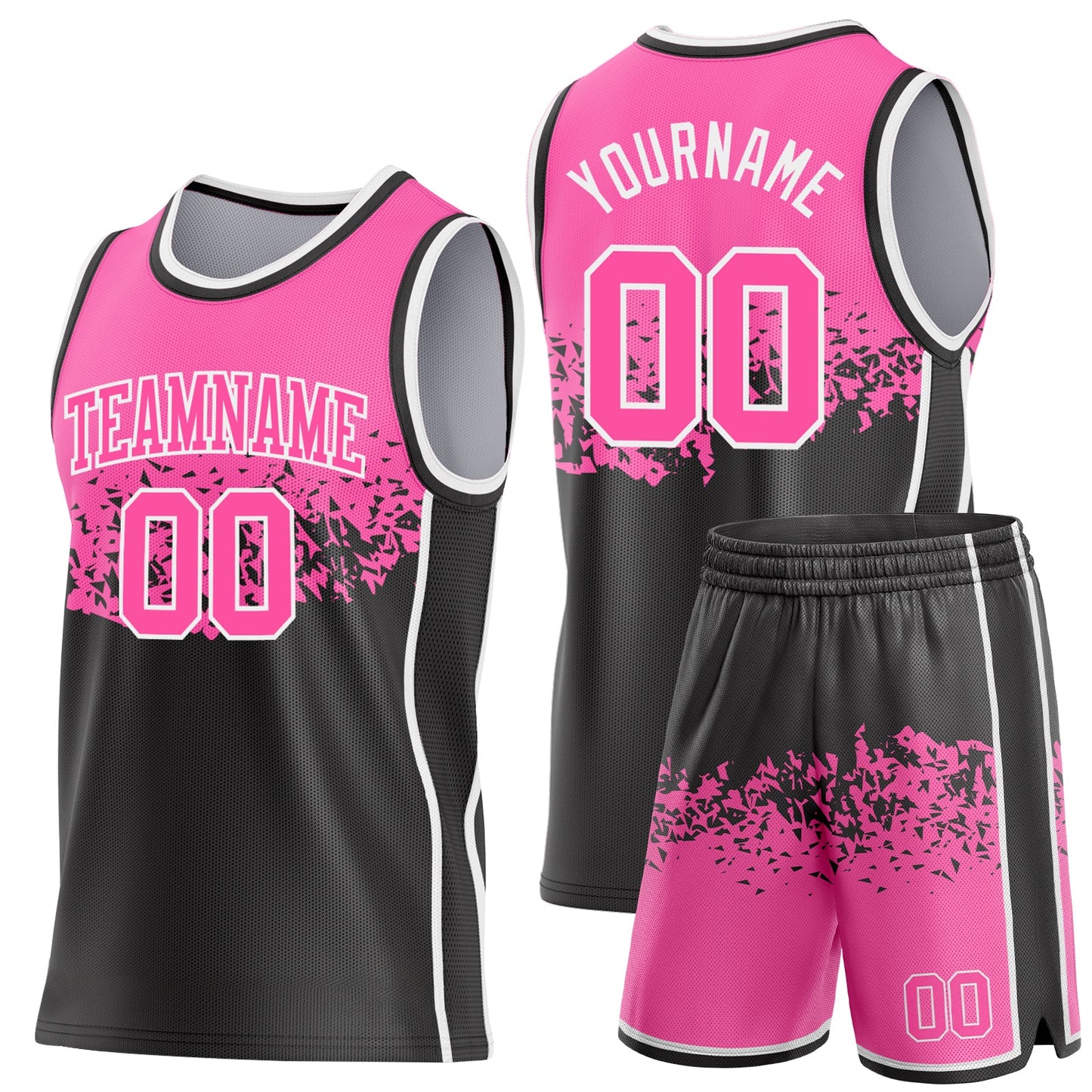 Custom Pink Black-White Shattered Geometric Side Panel Stripe Round Neck Sublimation Basketball Set Jersey view 2