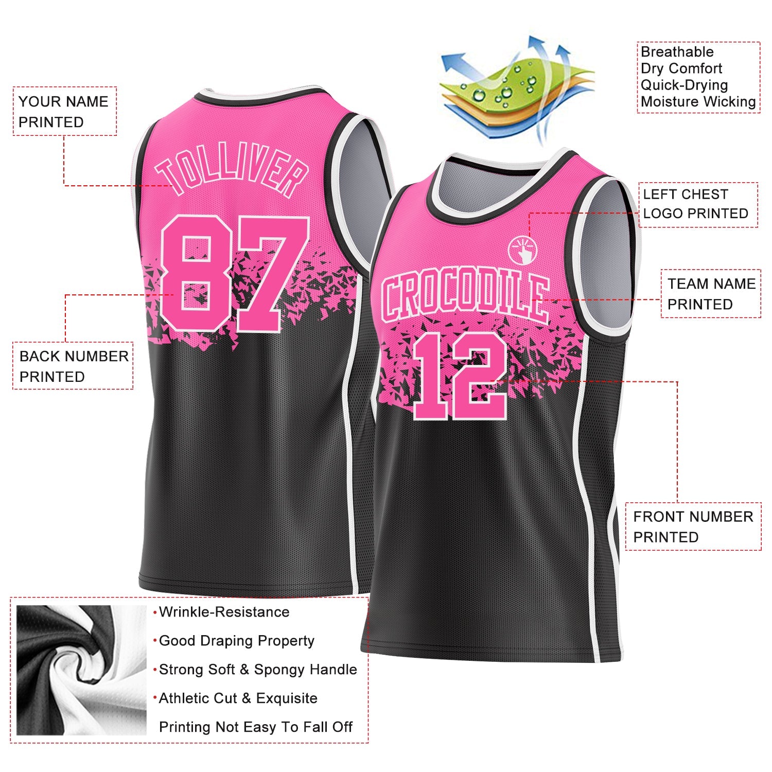 Custom Pink Black-White Shattered Geometric Side Panel Stripe Round Neck Sublimation Basketball Set Jersey view 3