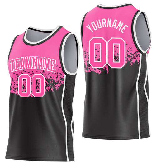 Custom Pink Black-White Shattered Geometric Side Panel Stripe Round Neck Sublimation Basketball Set Jersey - Main View