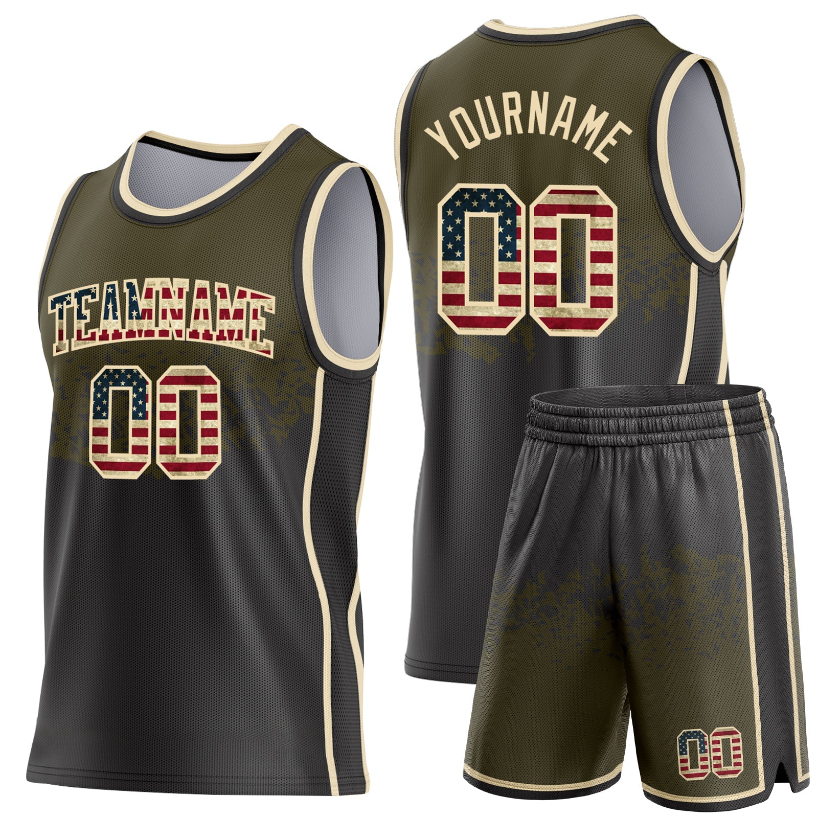 Custom Olive Vintage USA Flag Black-Cream Shattered Geometric Side Panel Stripe Round Neck Sublimation Basketball Set Jersey view 2