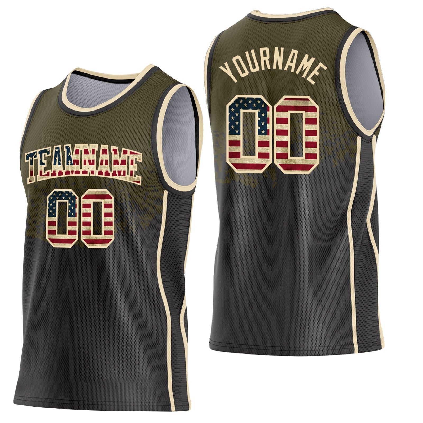 Custom Olive Vintage USA Flag Black-Cream Shattered Geometric Side Panel Stripe Round Neck Sublimation Basketball Set Jersey - Main View