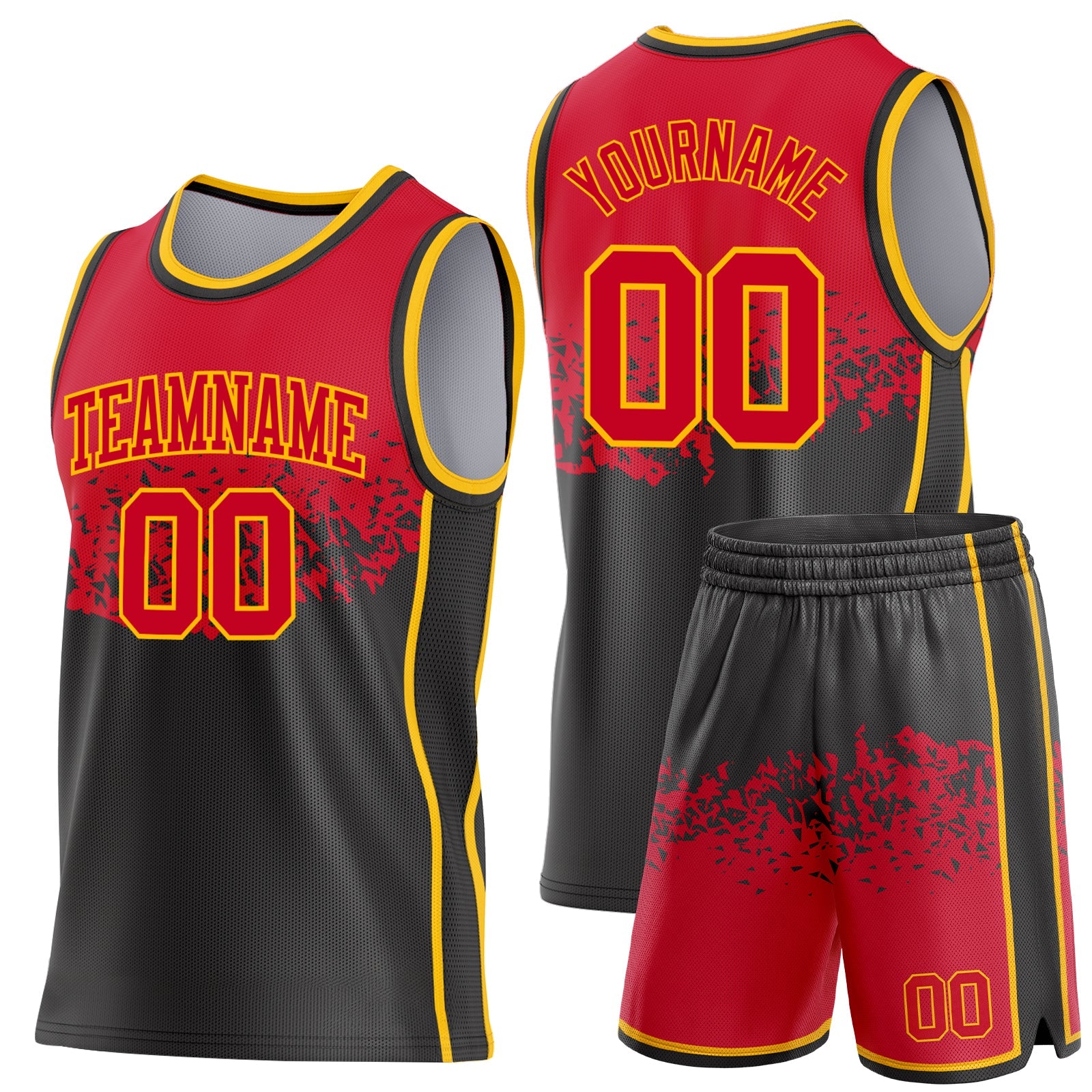 Custom Red Black-Gold Shattered Geometric Side Panel Stripe Round Neck Sublimation Basketball Set Jersey view 2