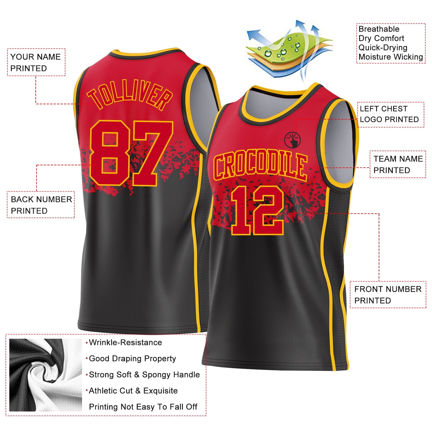 Custom Red Black-Gold Shattered Geometric Side Panel Stripe Round Neck Sublimation Basketball Set Jersey view 3