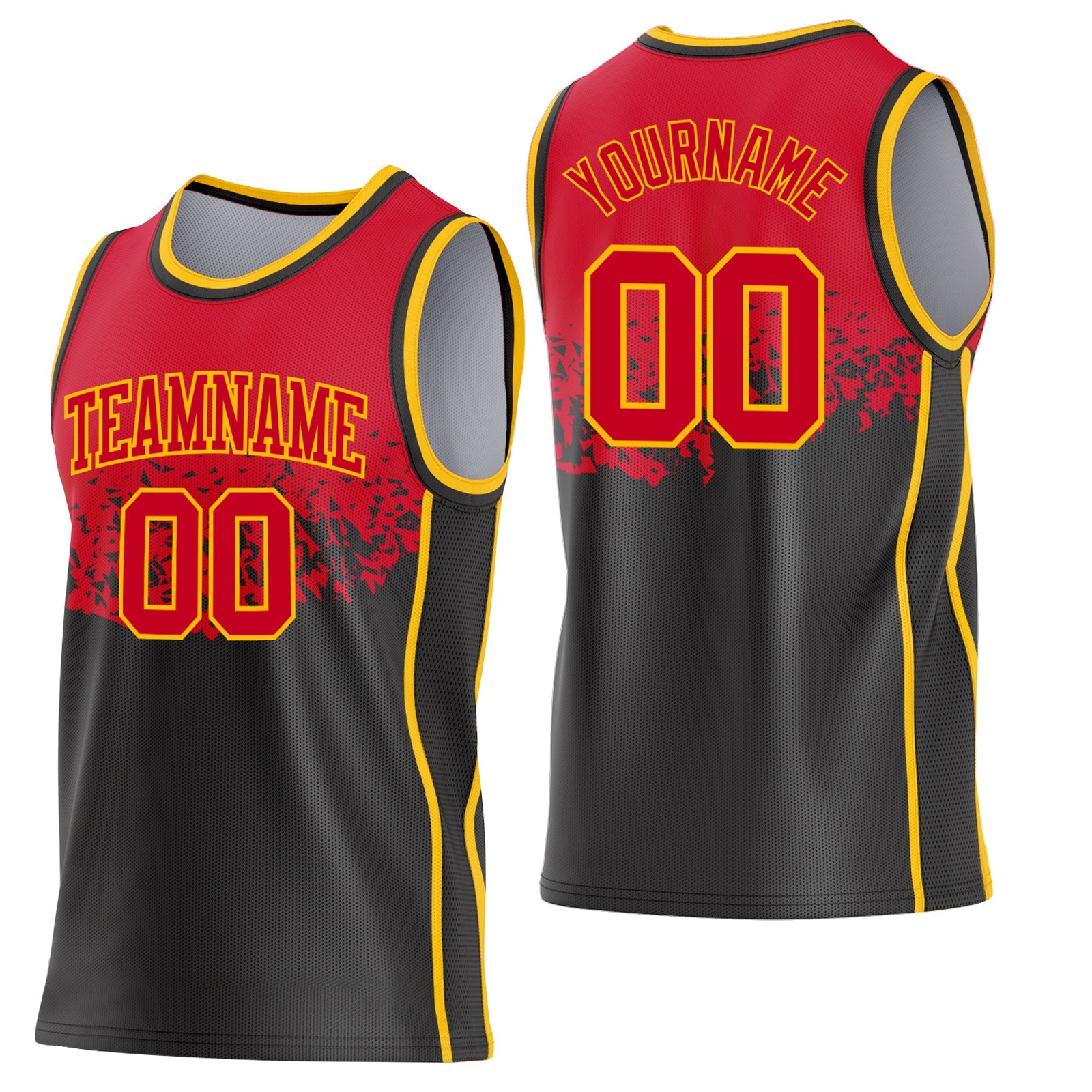 Custom Red Black-Gold Shattered Geometric Side Panel Stripe Round Neck Sublimation Basketball Set Jersey - Main View