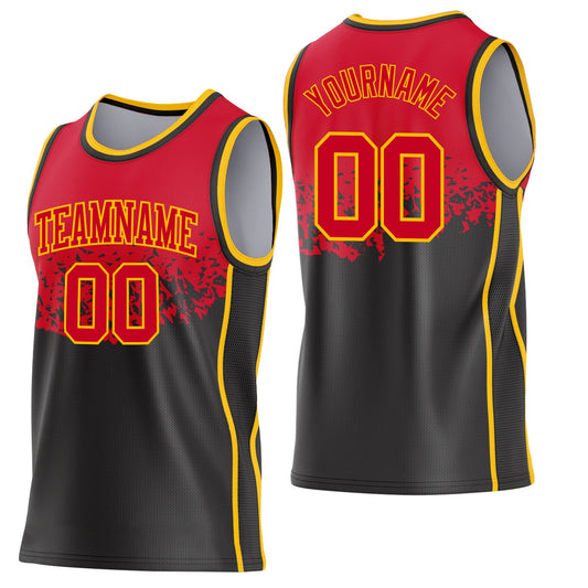 Custom Red Black-Gold Shattered Geometric Side Panel Stripe Round Neck Sublimation Basketball Set Jersey - Main View