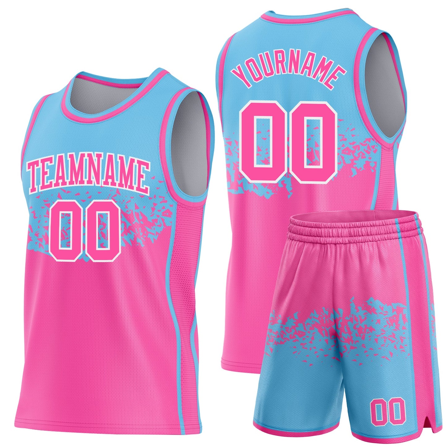 Custom Sky Blue Pink-White Shattered Geometric Side Panel Stripe Round Neck Sublimation Basketball Set Jersey view 2