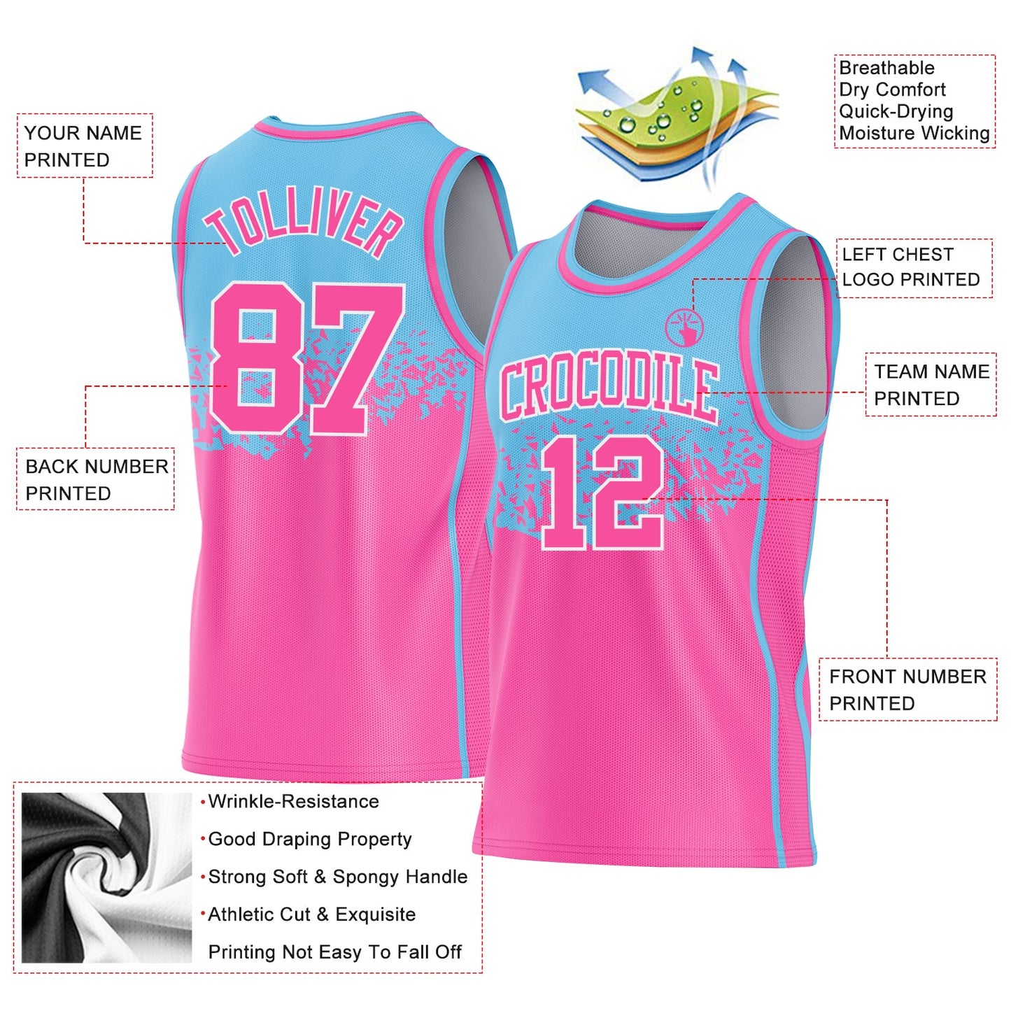Custom Sky Blue Pink-White Shattered Geometric Side Panel Stripe Round Neck Sublimation Basketball Set Jersey view 3