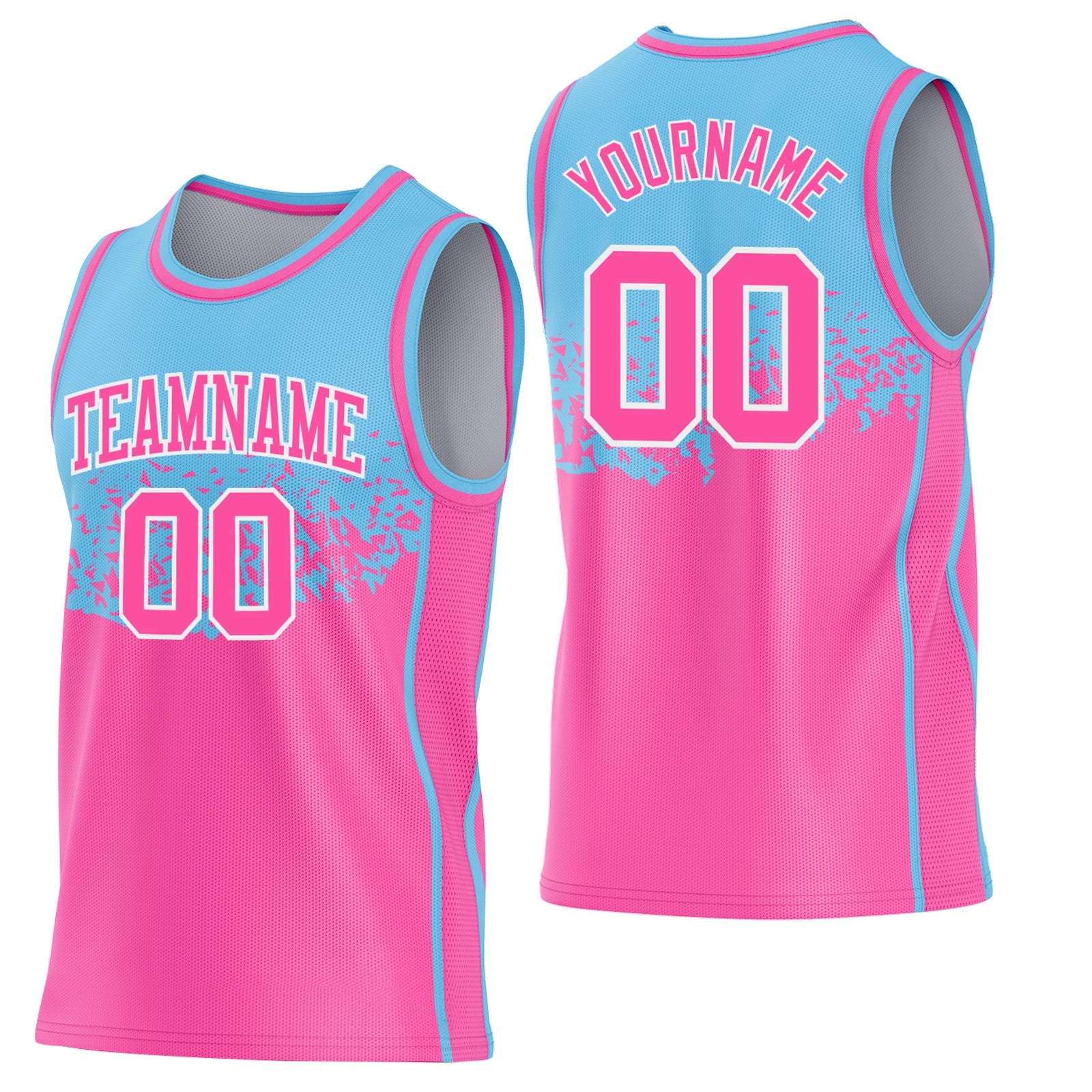 Custom Sky Blue Pink-White Shattered Geometric Side Panel Stripe Round Neck Sublimation Basketball Set Jersey - Main View
