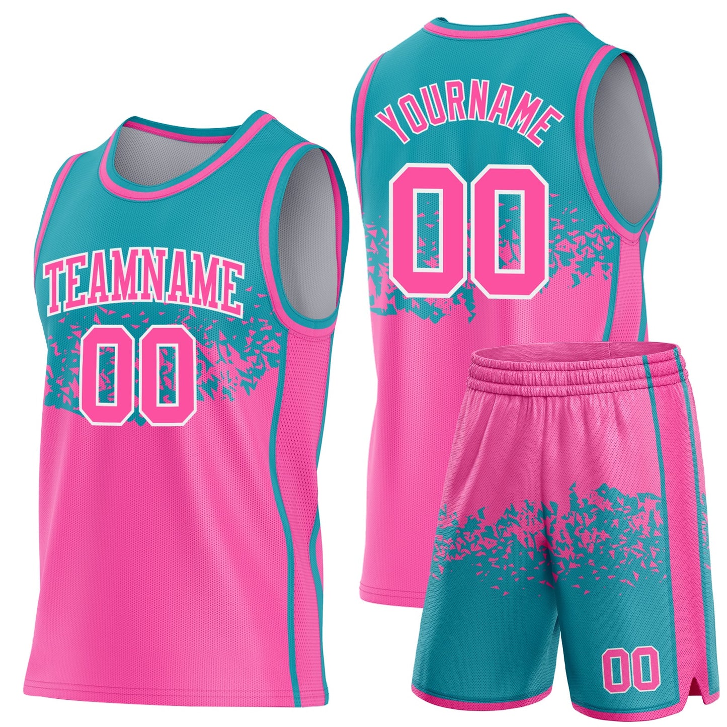 Custom Teal Pink-White Shattered Geometric Side Panel Stripe Round Neck Sublimation Basketball Set Jersey view 2