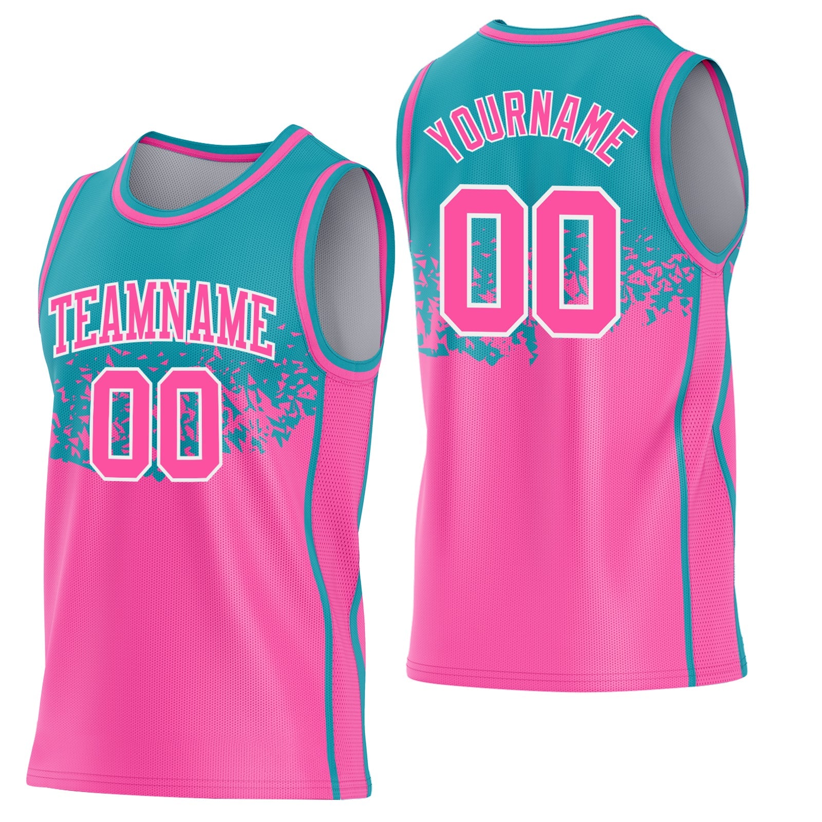 Custom Teal Pink-White Shattered Geometric Side Panel Stripe Round Neck Sublimation Basketball Set Jersey - Main View