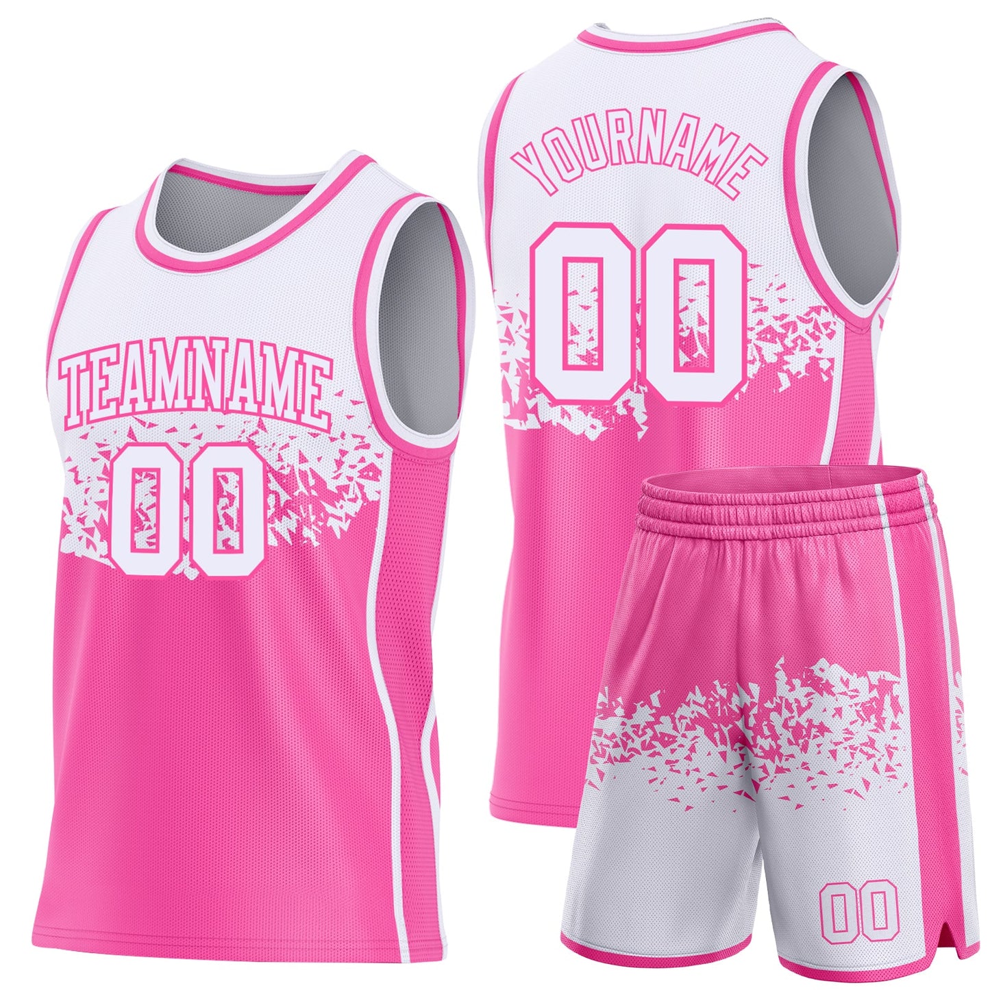 Custom White-Pink Shattered Geometric Side Panel Stripe Round Neck Sublimation Basketball Set Jersey view 2