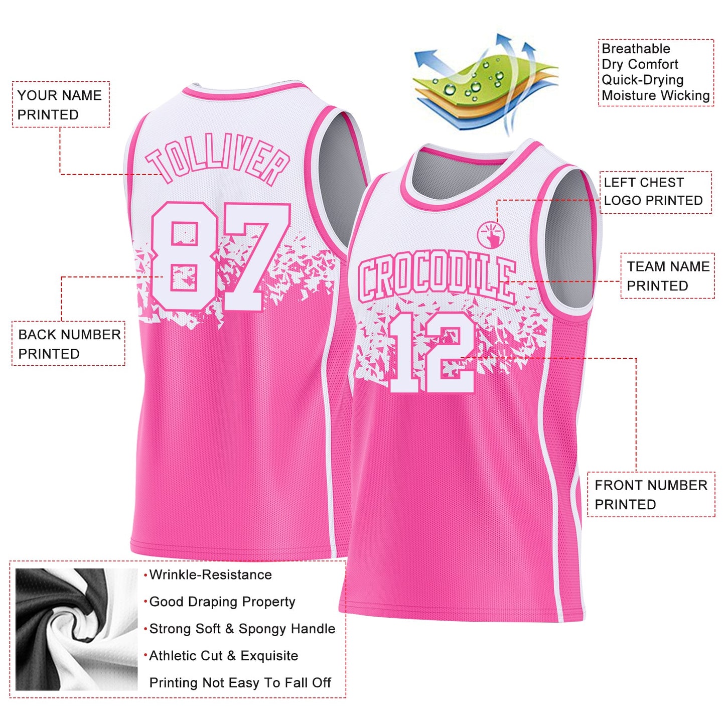Custom White-Pink Shattered Geometric Side Panel Stripe Round Neck Sublimation Basketball Set Jersey view 3