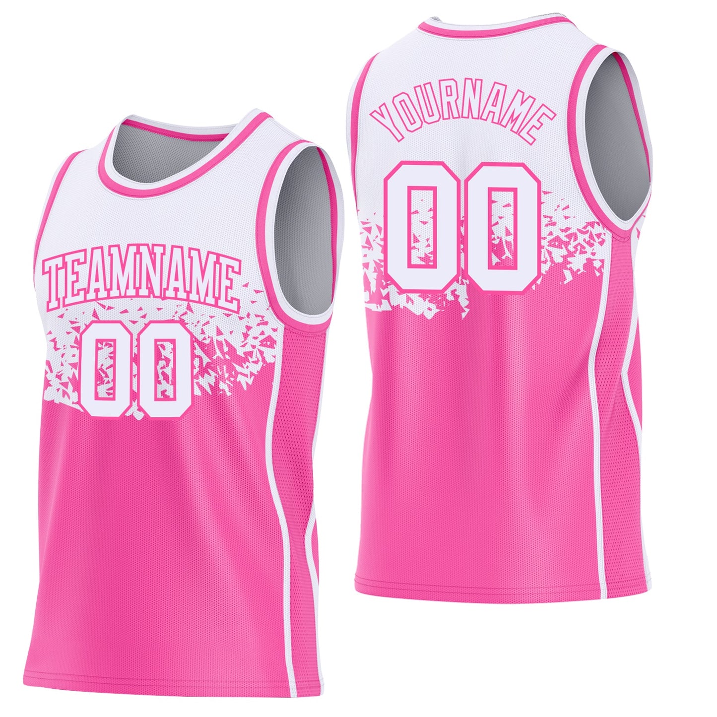 Custom White-Pink Shattered Geometric Side Panel Stripe Round Neck Sublimation Basketball Set Jersey - Main View