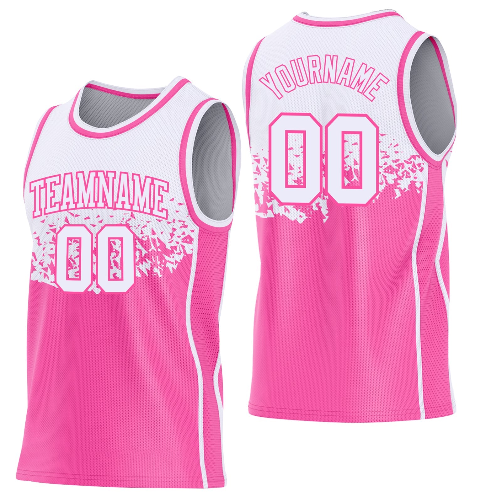 Custom White-Pink Shattered Geometric Side Panel Stripe Round Neck Sublimation Basketball Set Jersey - Main View